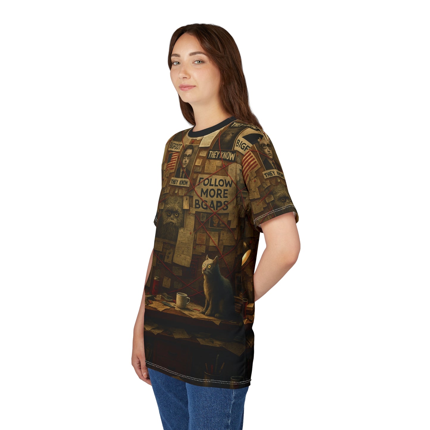 Bigfoot Conspiracy Tee, Unisex T-Shirt, Funny Graphic Tee, Unique Gift for Halloween, Cryptid Lover Fashion, AOP Apparel