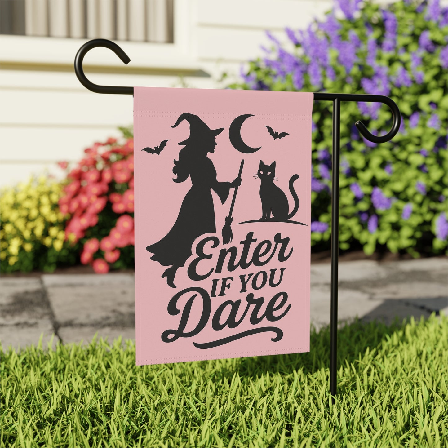 Pastel Gothic Witch Garden Flag – Pink Halloween Yard Flag, Black Cat Silhouette, Retro “Enter If You Dare”