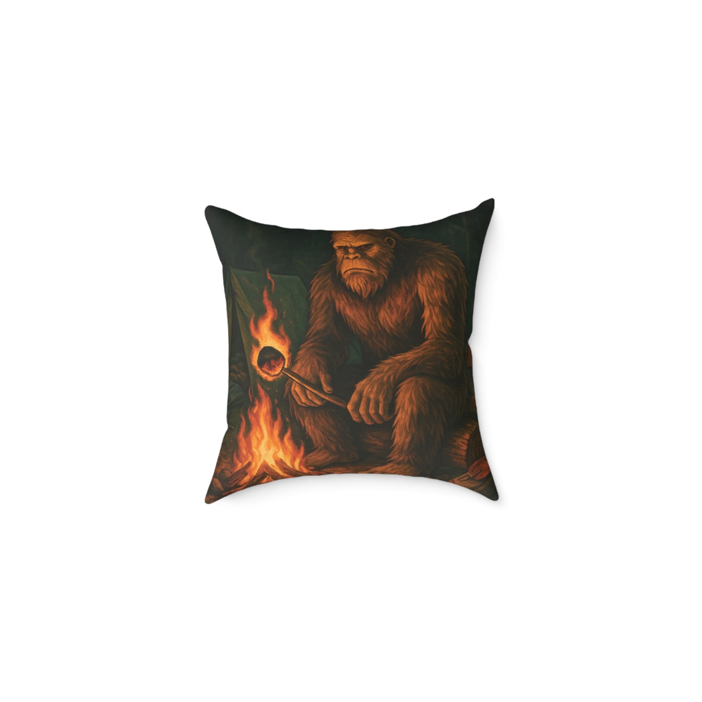 Bigfoot Burnt the S’more – Cryptid Campsite Canvas Throw Pillow