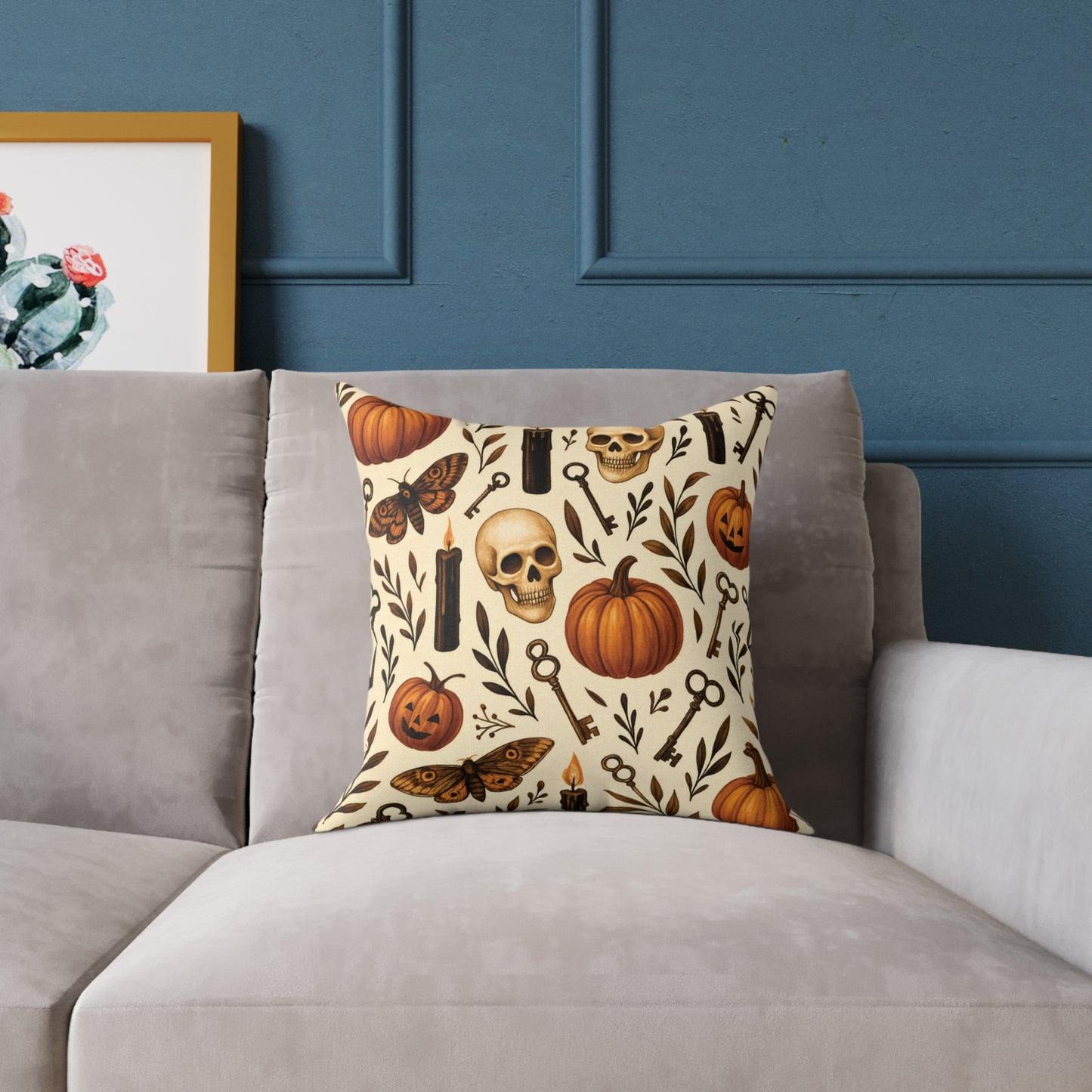 Gothic Halloween Throw Pillow – Colorway Poly Canvas – Reversible Plaid – Skulls, Moths & Black Candles – Premium Fall Decor