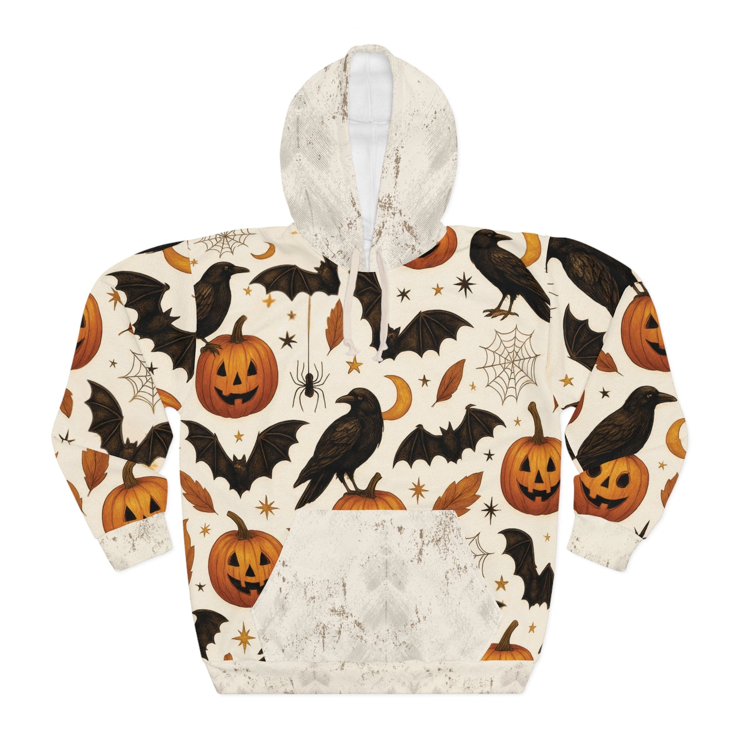 Vintage Halloween AOP Pullover Hoodie – Ravens, Pumpkins & Bats | Boutique Spooky Season Fashion