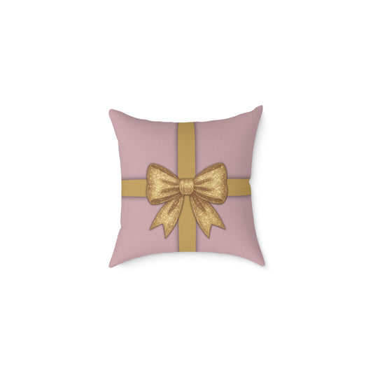 Blush Pink & Gold Gift Box Throw Pillow – Holiday Icon Pattern Canvas Cushion