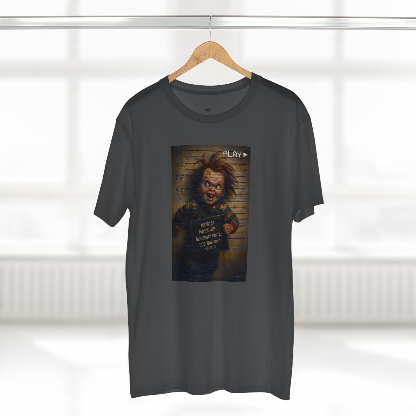 Creepy Killer Doll Mugshot T-Shirt – Halloween Horror Tee, Boutique DTG Print, Premium Cotton Tee, 90s VHS Aesthetic