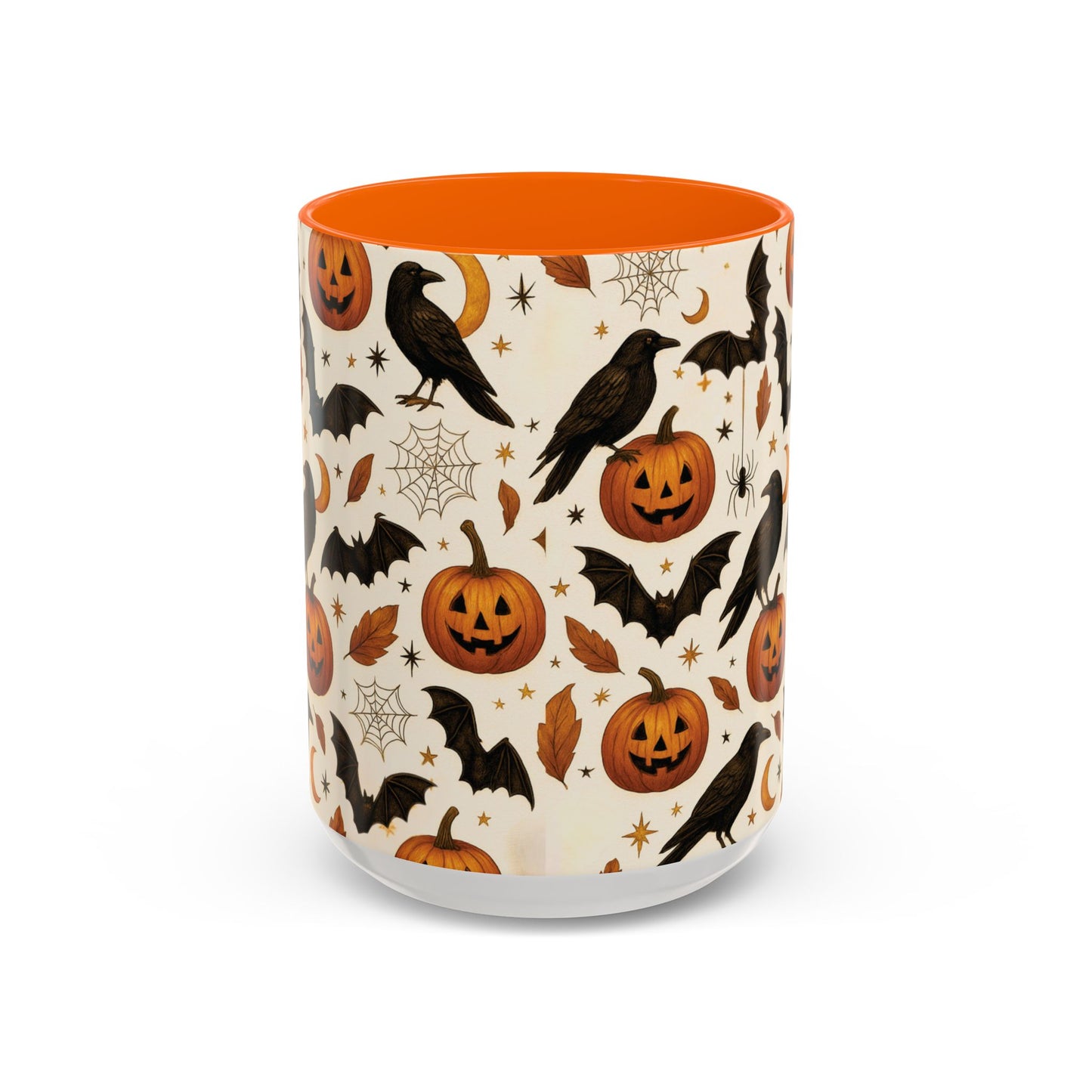 Halloween Raven & Pumpkin Color Accent Mug β Gothic Crow, Bats & Jack-oβ-Lantern Coffee Cup (11oz & 15oz) β Spooky Autumn Drinkware