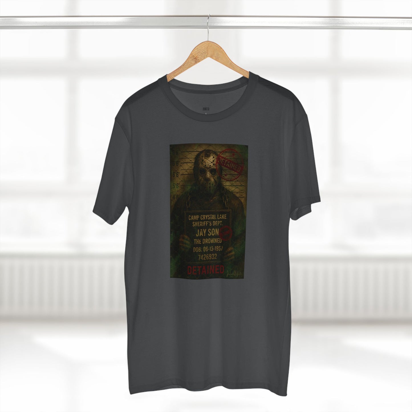 Jason Voorhees Horror Mugshot Tee โ Premium AS Colour 5001 Shirt