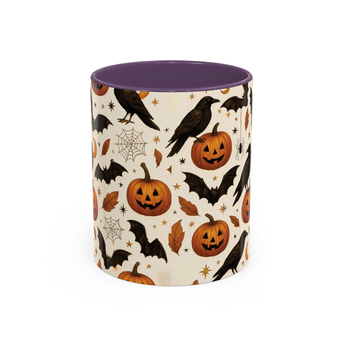 Halloween Raven & Pumpkin Color Accent Mug β Gothic Crow, Bats & Jack-oβ-Lantern Coffee Cup (11oz & 15oz) β Spooky Autumn Drinkware