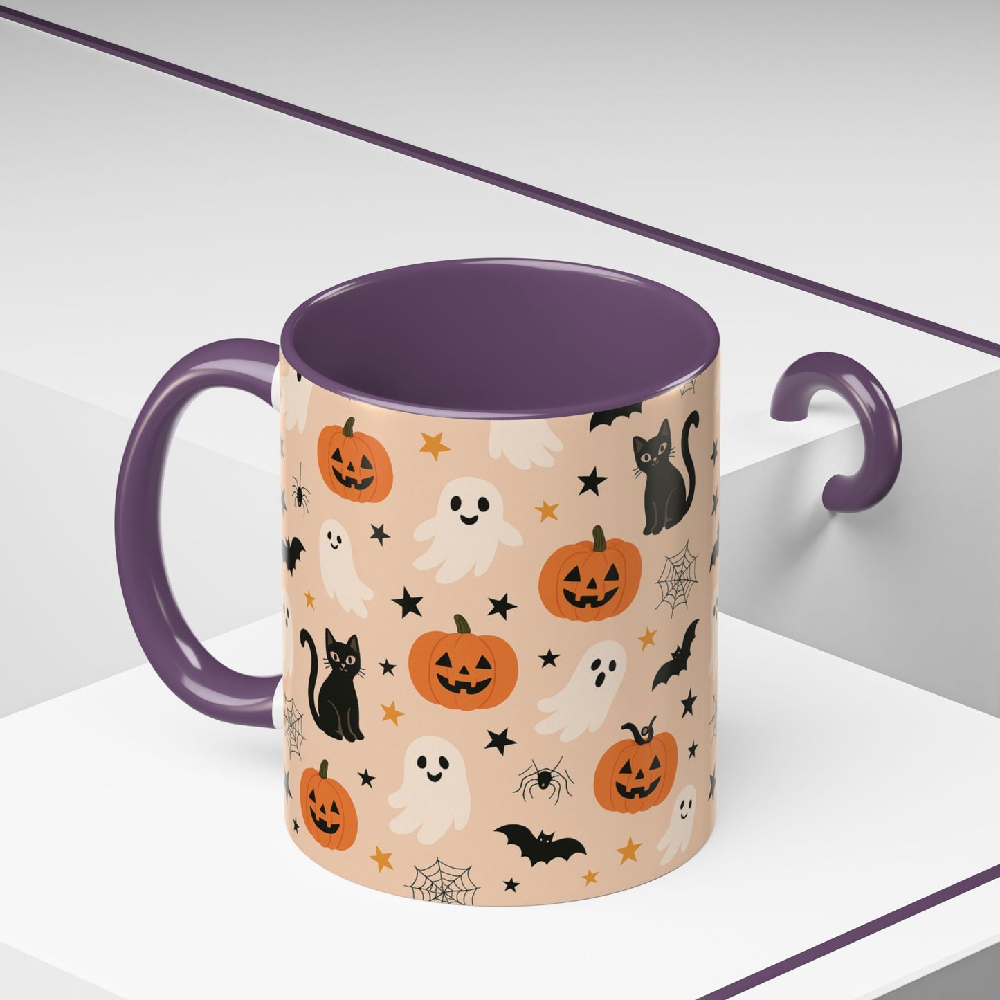 Halloween Color Accent Mug β Ghosts, Pumpkins & Black Cats, Fall Coffee Cup (11oz & 15oz) β Boutique Spooky Season Drinkware