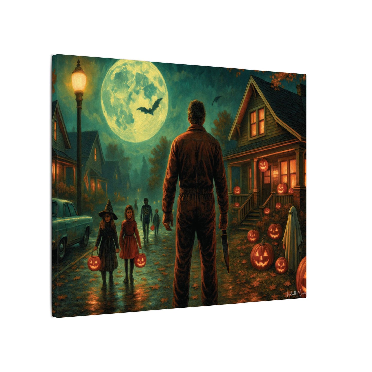 Halloween Neighborhood Scene Canvas Print β Retro Suburban Trick-or-Treat, Glowing Pumpkins & Full Moon Wall Art
