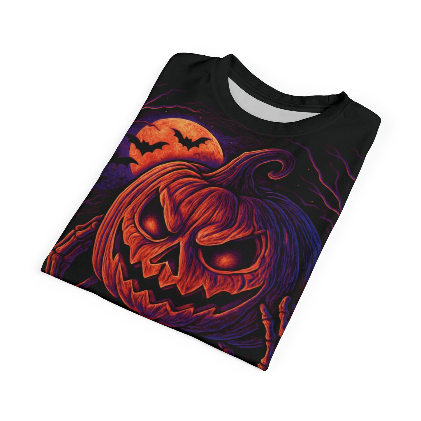 Skeleton Pumpkin Head AOP Halloween T-Shirt β Neon Spooky Jack-oβ-Lantern Extra Large Print Tee (All-Over Print)