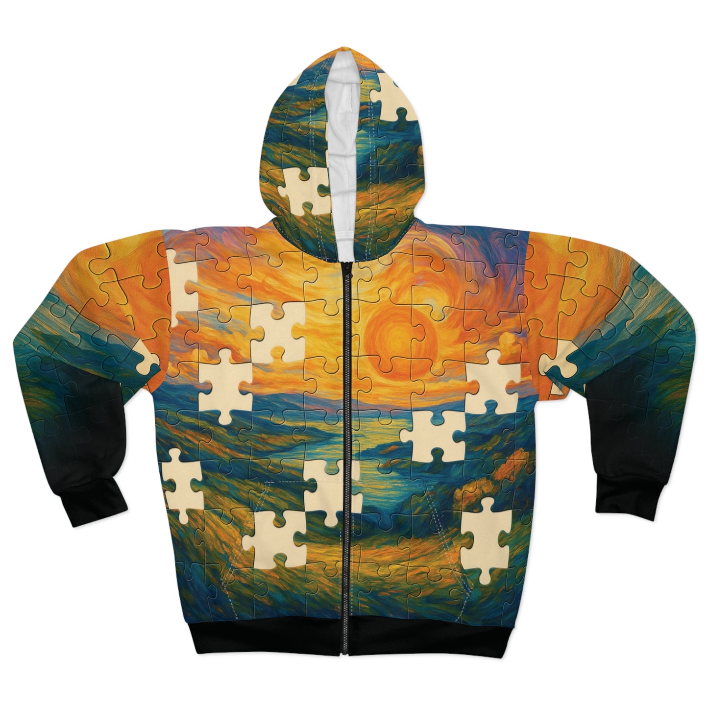 Missing Pieces – AOP Zip-Up Puzzle Hoodie | Unisex Statement Streetwear | All-Over Print by Invaluable Minutia