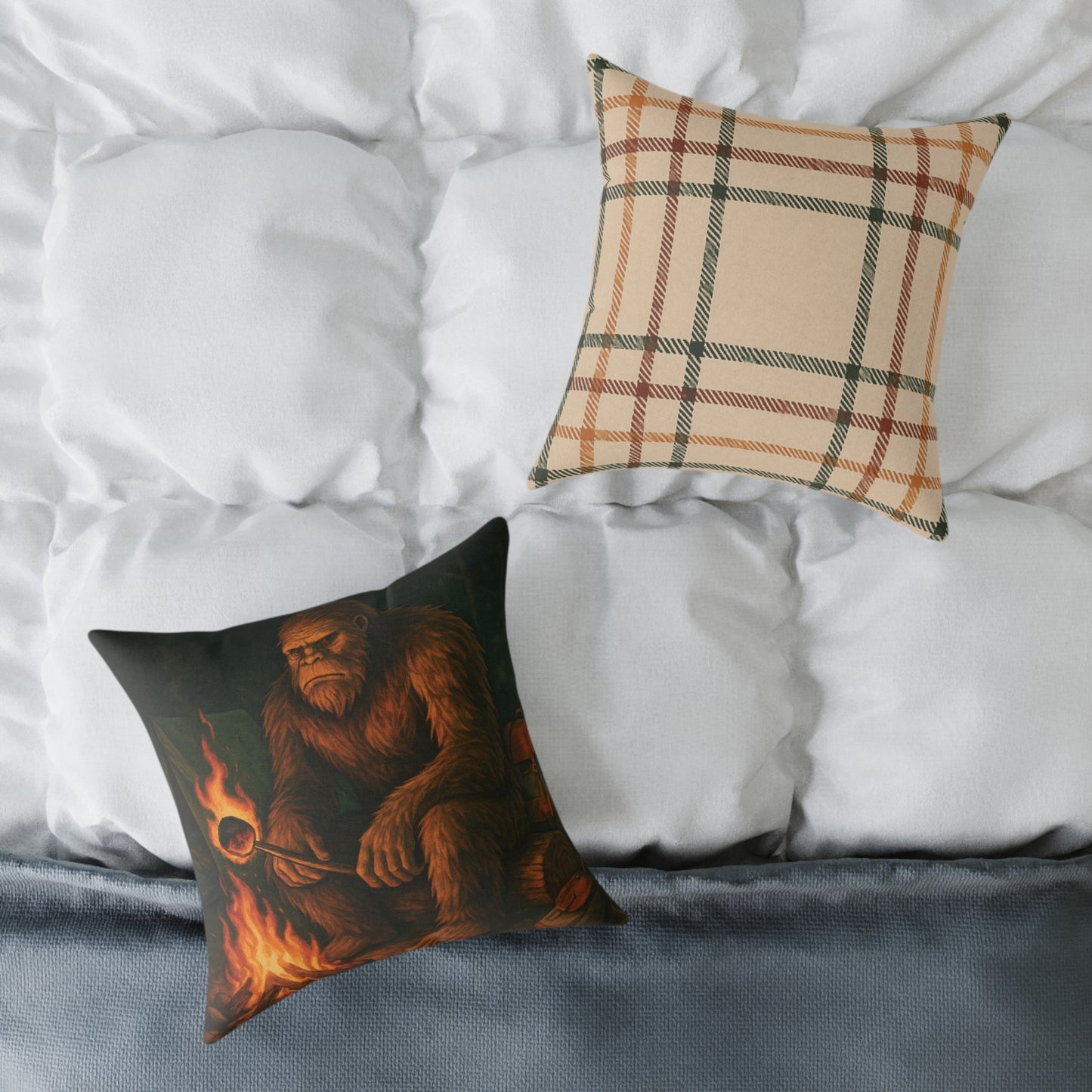 Bigfoot Burnt the S’more – Cryptid Campsite Canvas Throw Pillow