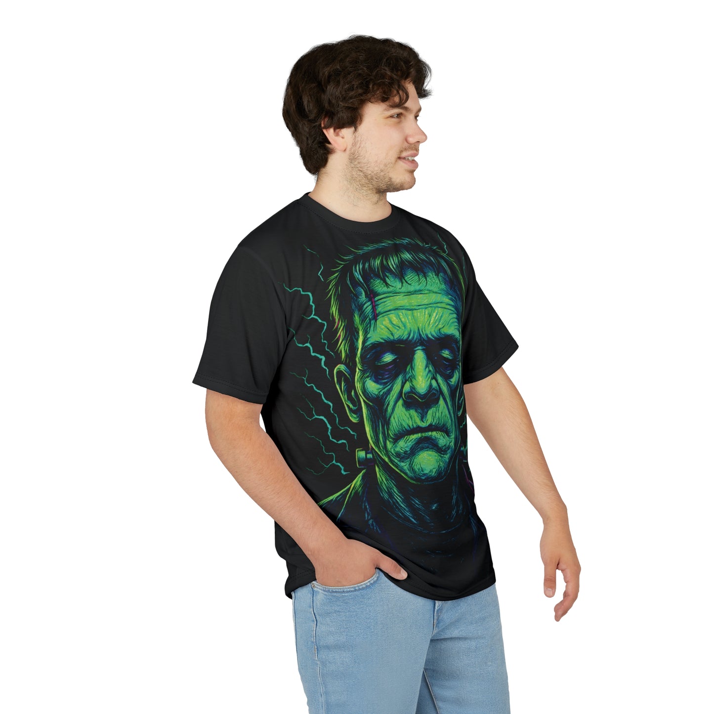 Frankenstein's Monster AOP Halloween T-Shirt – Electric Neon Green Extra Large Print Tee (All-Over Print)