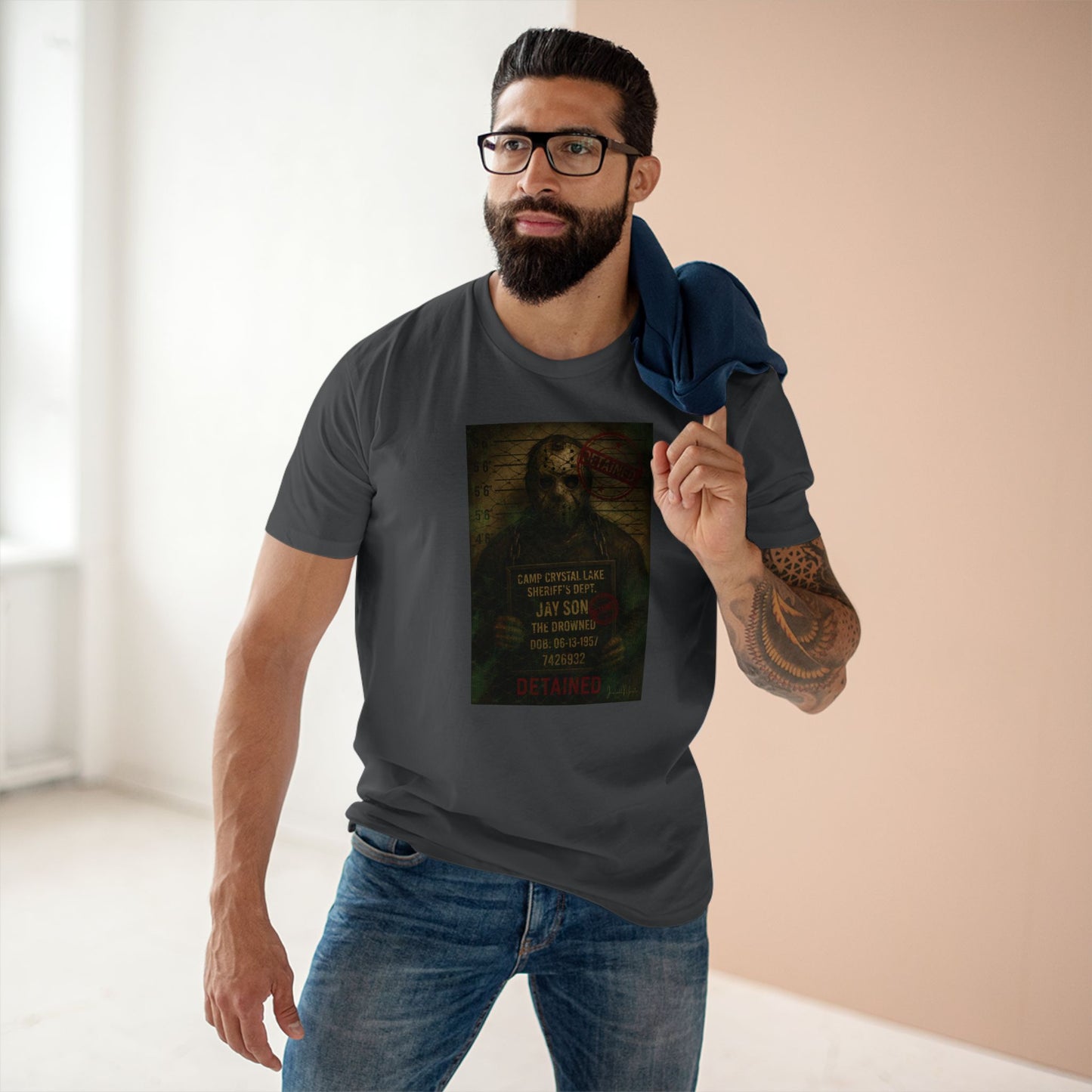 Jason Voorhees Horror Mugshot Tee โ Premium AS Colour 5001 Shirt