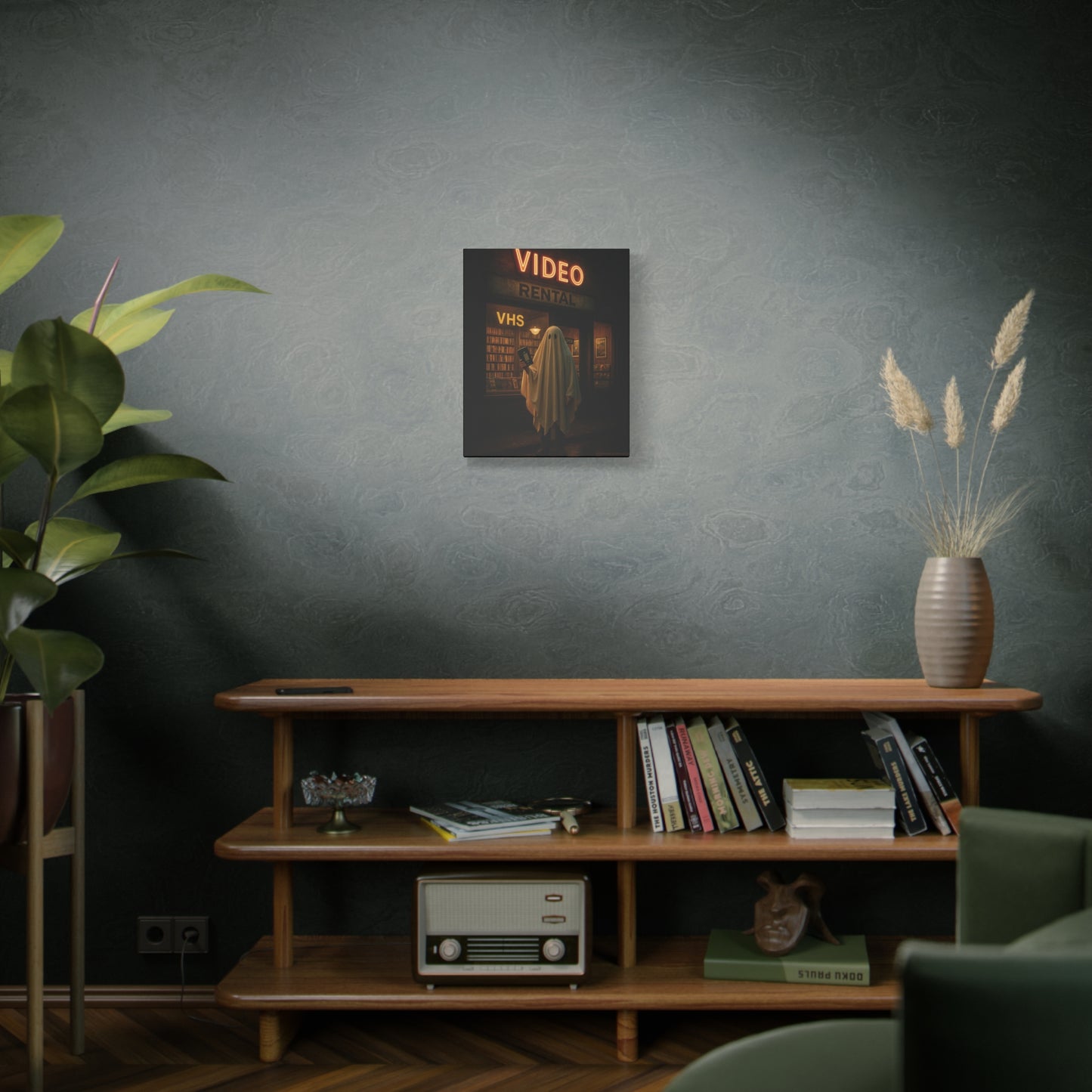 Retro Video Rental Ghost β VHS Nostalgia Matte Stretched Canvas Wall Art | 90s Spooky Decor