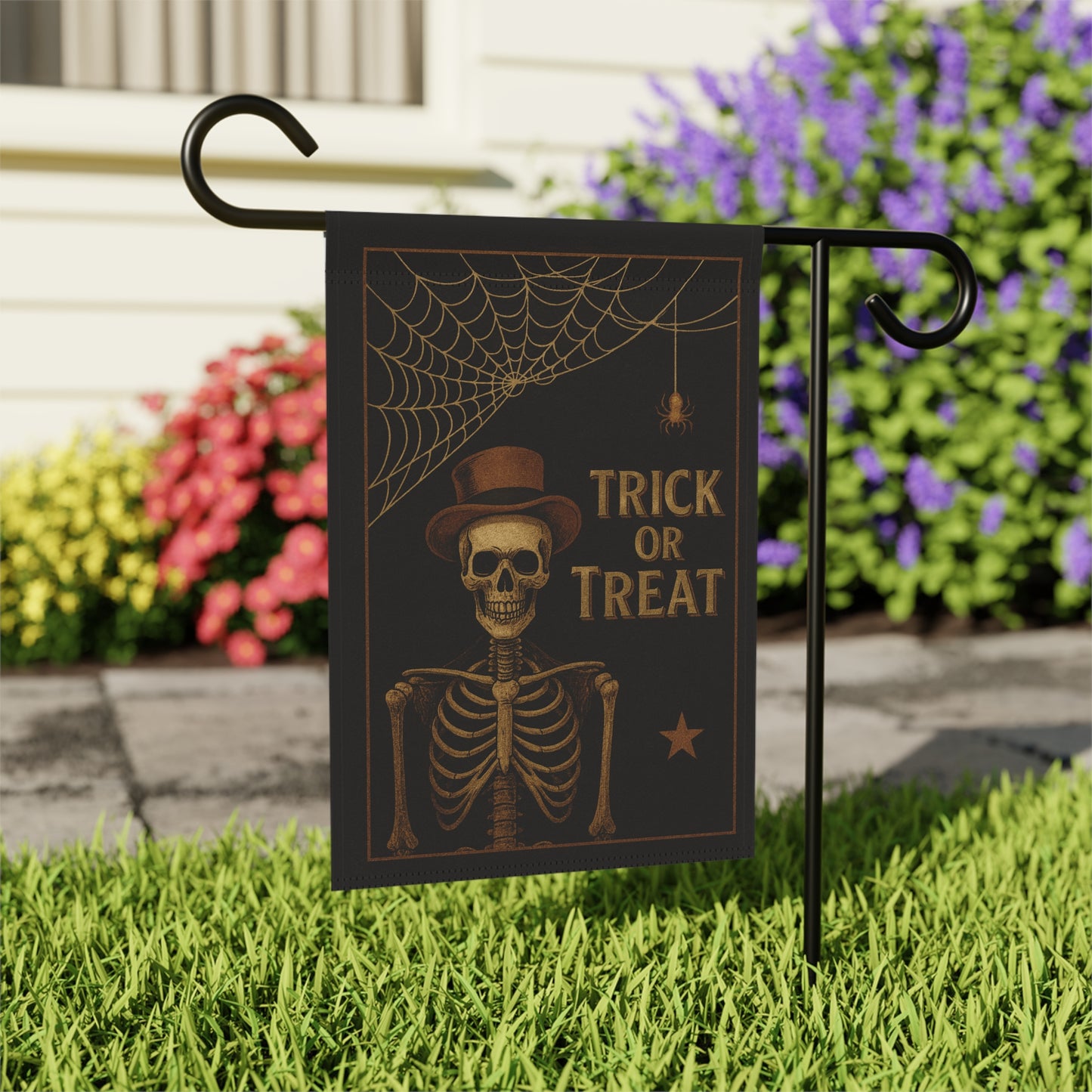 Trick or Treat Garden Flag – Skeleton in Top Hat with Spiderweb | Vintage Halloween Outdoor Banner