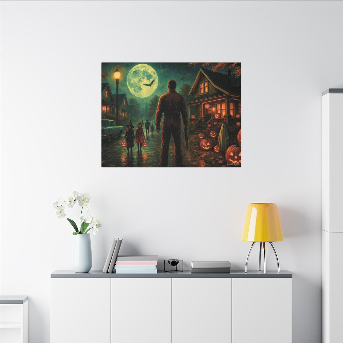 Halloween Neighborhood Scene Canvas Print β Retro Suburban Trick-or-Treat, Glowing Pumpkins & Full Moon Wall Art