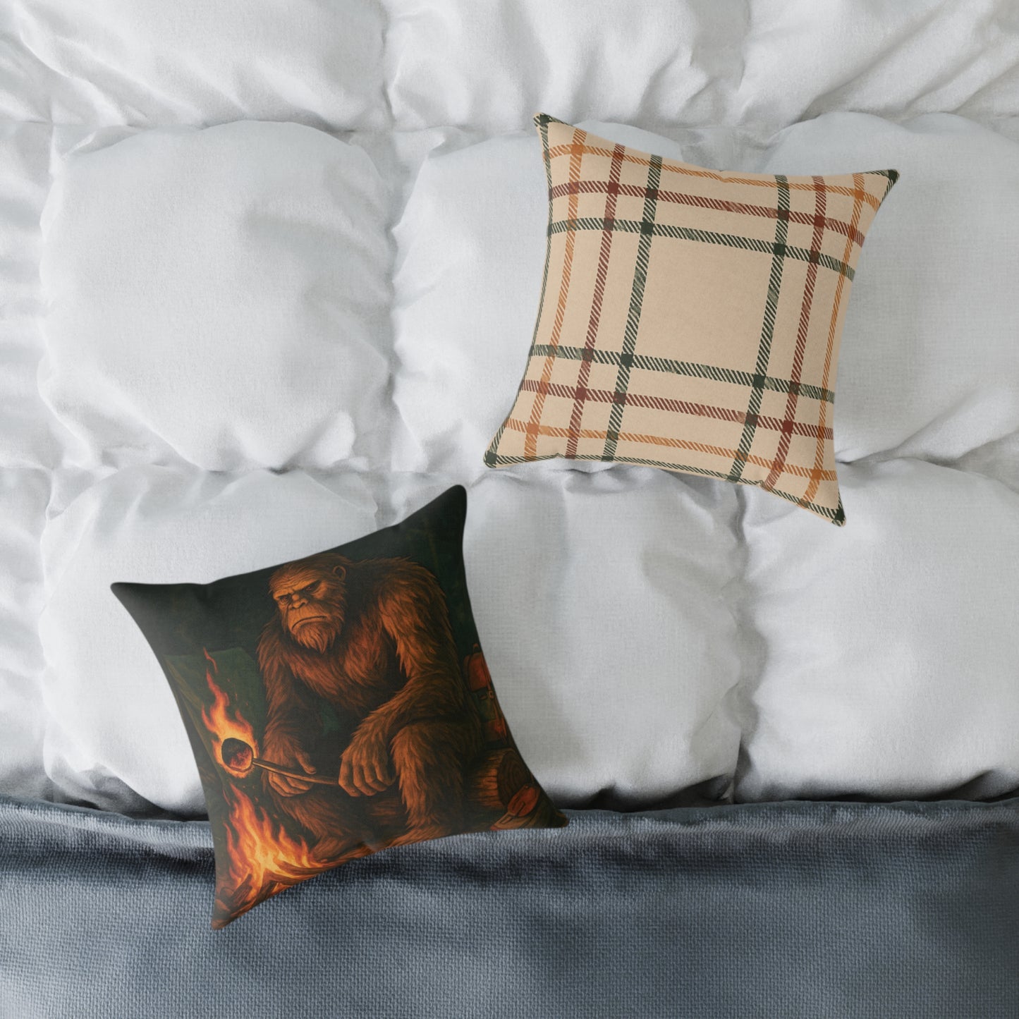 Bigfoot Burnt the S’more – Cryptid Campsite Canvas Throw Pillow