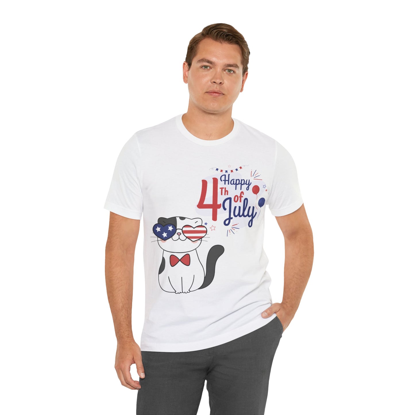 Patriotic Party Cat Tee – Happy 4th of July – Unisex Bella+Canvas Jersey Tee - 4th of July Tee