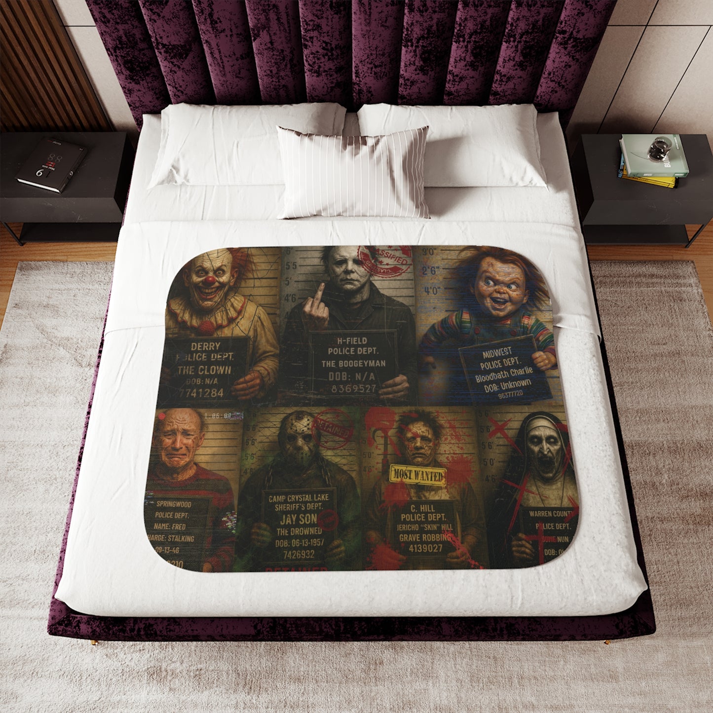 Horror Villains Mugshot Sherpa Fleece Blanket โ Premium Cozy Throw, 3 Sizes, Free Worldwide Shipping