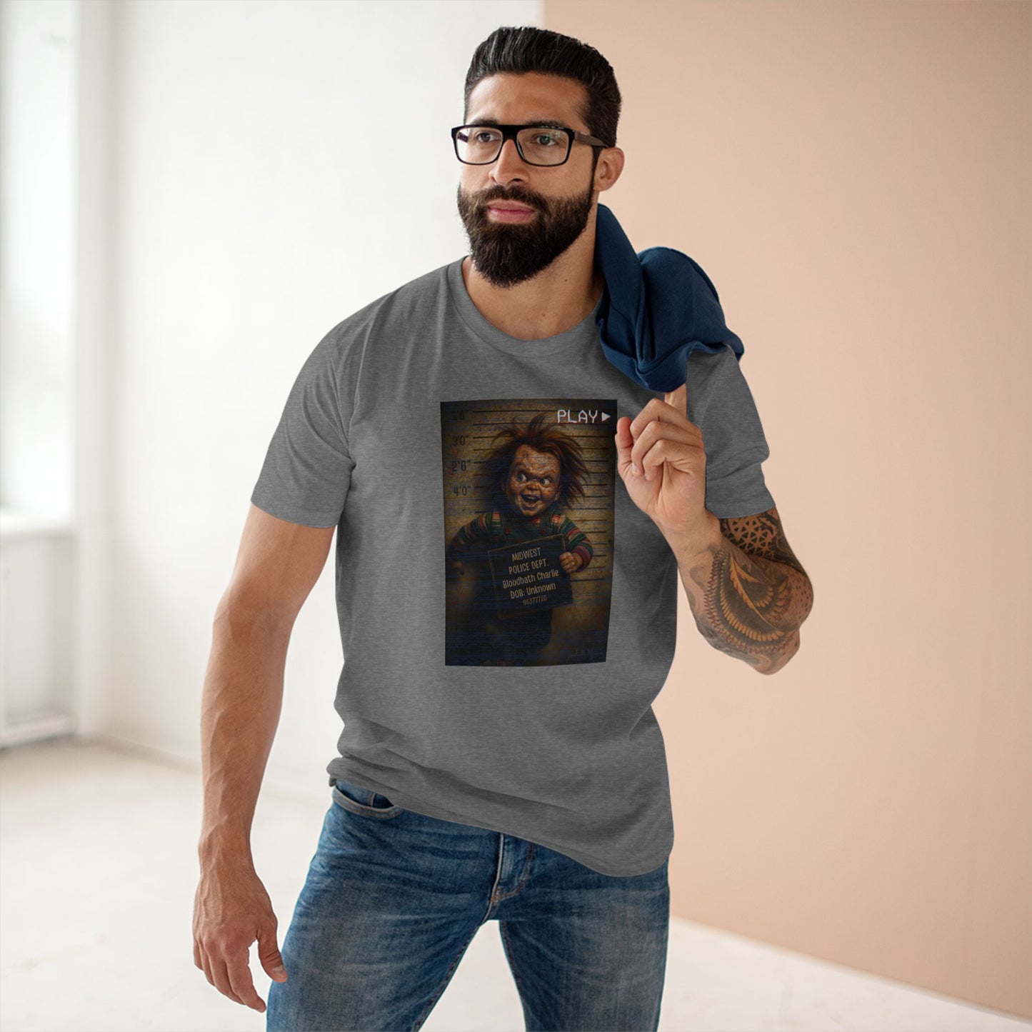 Creepy Killer Doll Mugshot T-Shirt – Halloween Horror Tee, Boutique DTG Print, Premium Cotton Tee, 90s VHS Aesthetic