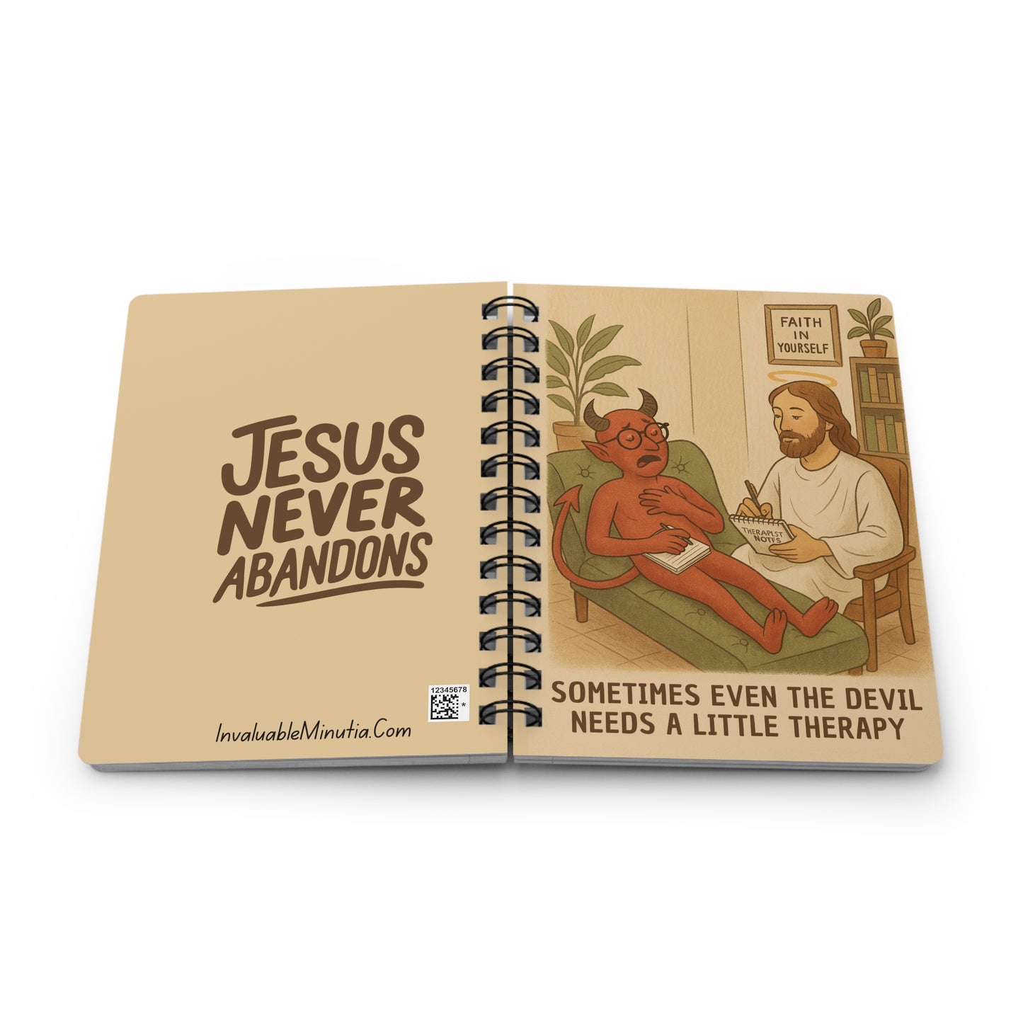 Spiral-Bound Journal Notebook – “Jesus Never Abandons: Even the Devil Needs Therapy”