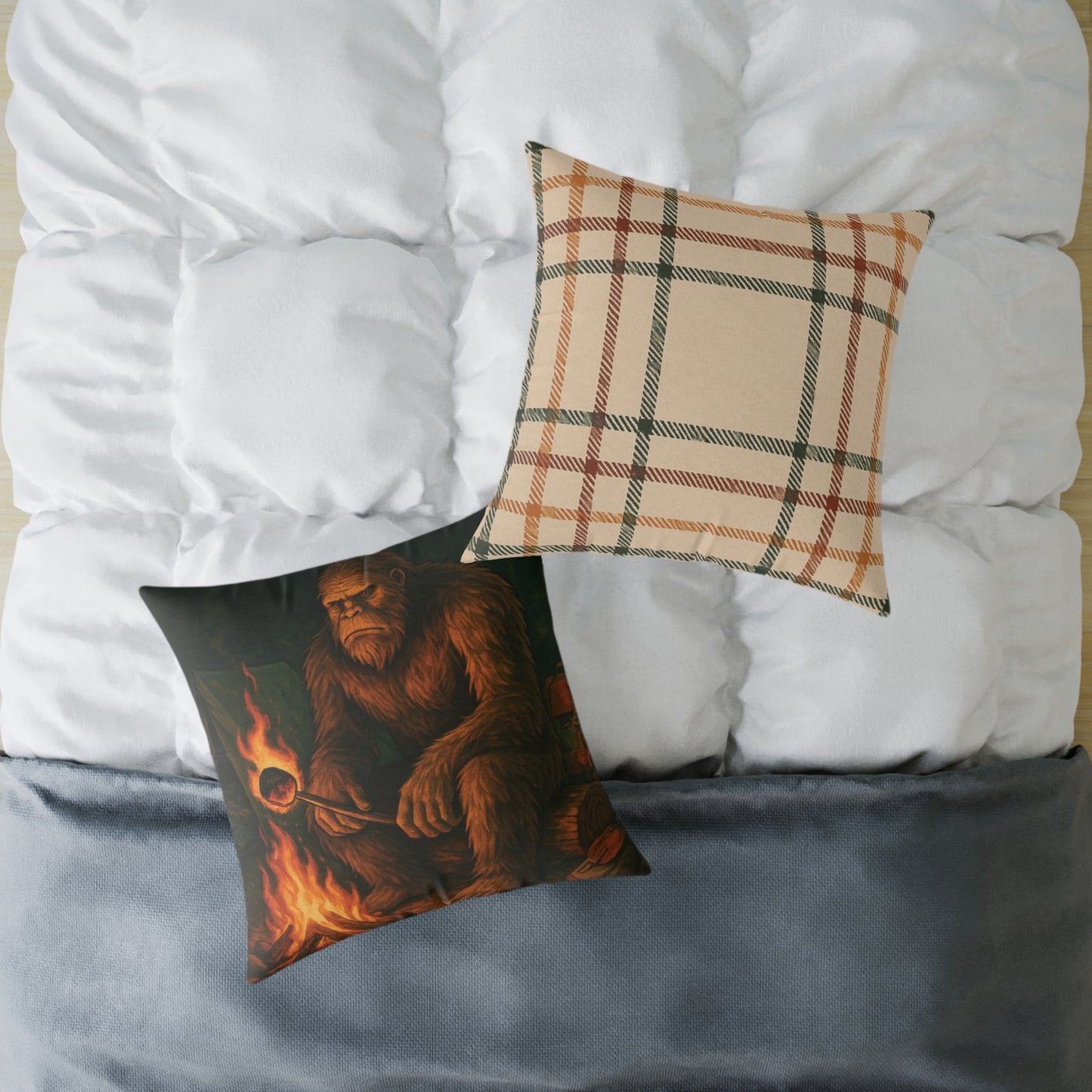 Bigfoot Burnt the S’more – Cryptid Campsite Canvas Throw Pillow