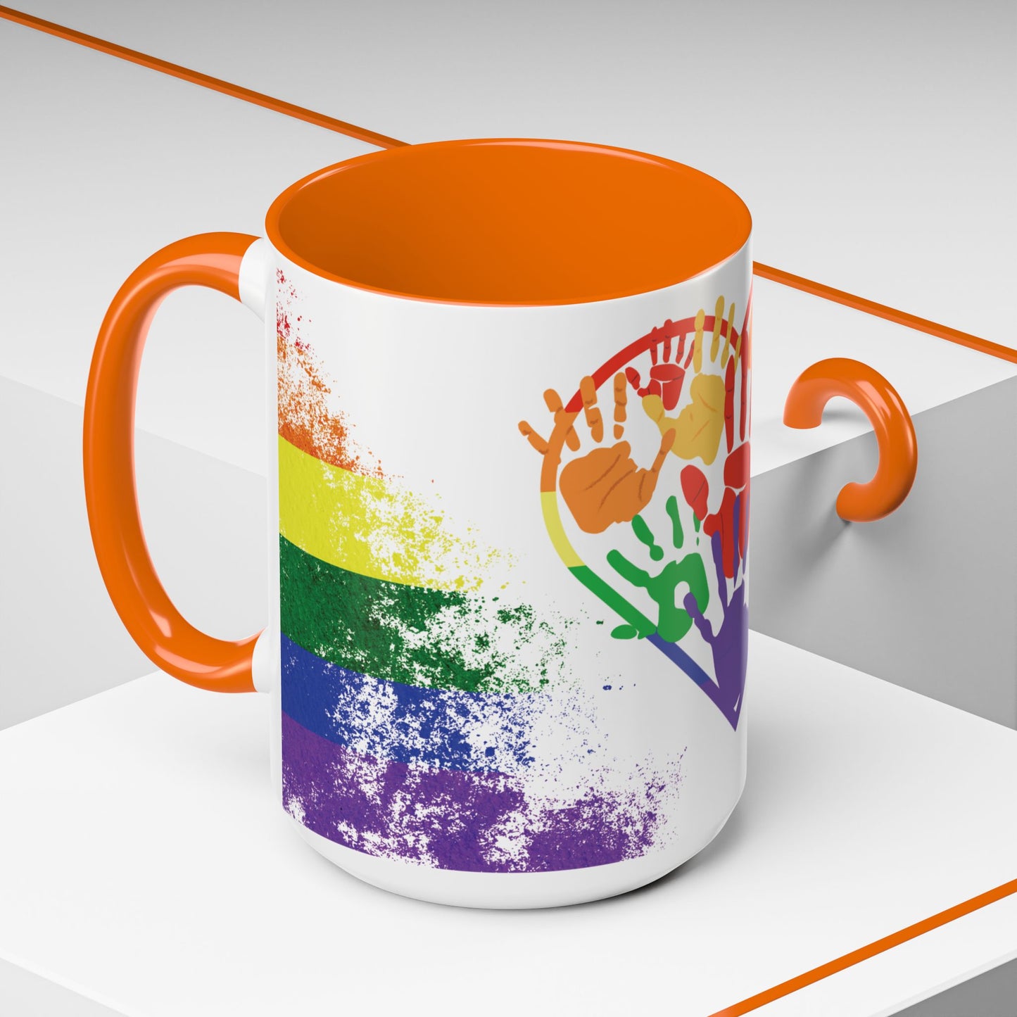 Handprint Heart Pride Mug | Rainbow Splash Ceramic Cup | 11oz & 15oz