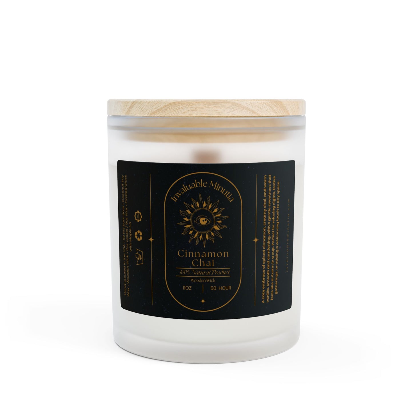 Cinnamon Chai Candle – Luxury Coconut-Soy, Wooden Wick, 11oz Frosted Glass (Free U.S. Shipping)