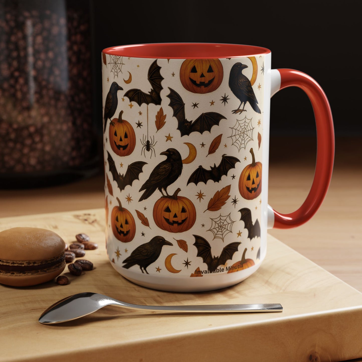 Halloween Raven & Pumpkin Color Accent Mug β Gothic Crow, Bats & Jack-oβ-Lantern Coffee Cup (11oz & 15oz) β Spooky Autumn Drinkware