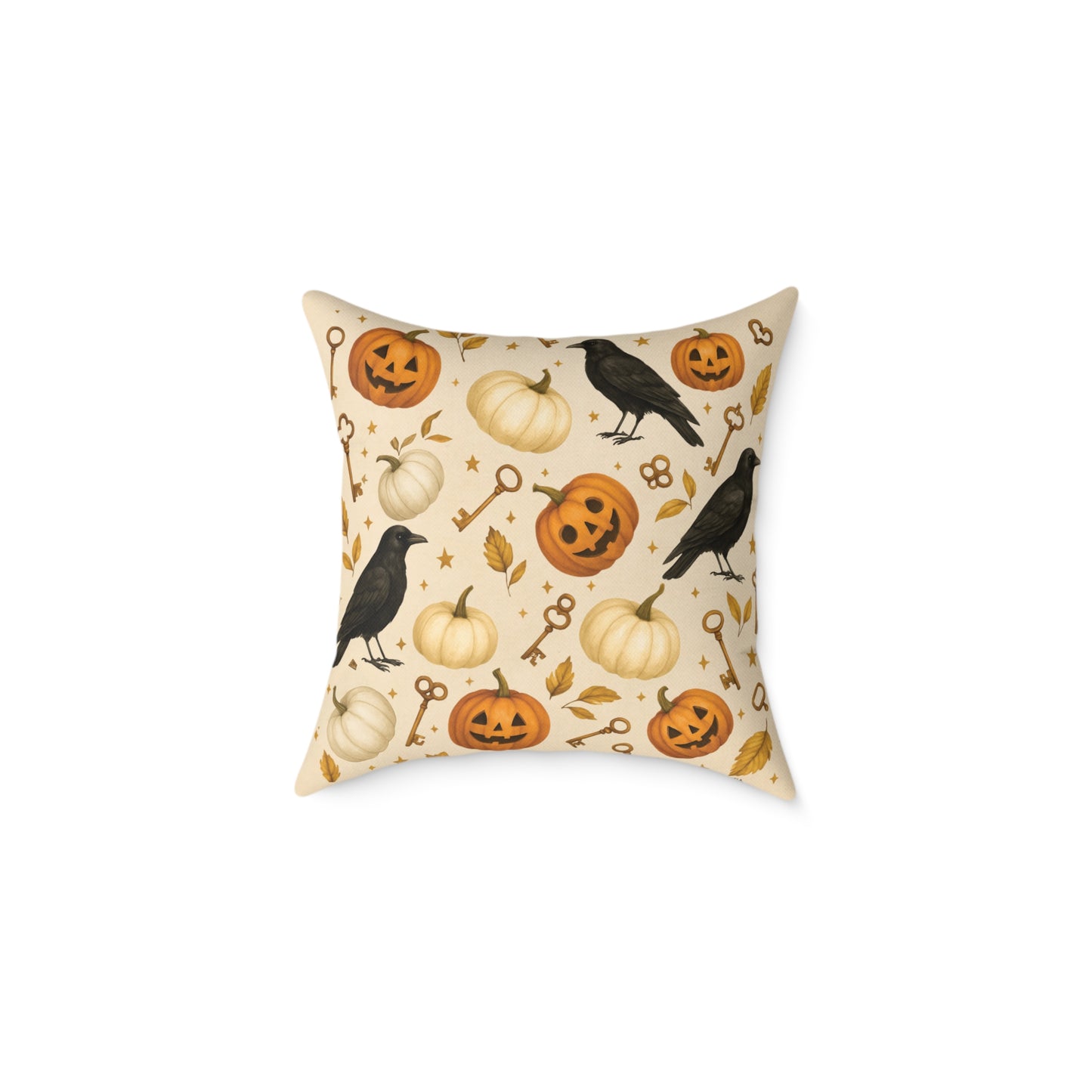 Boutique Halloween Throw Pillow – Crow & Pumpkin Pattern (Reversible Dot Back, Colorway™ Poly Canvas)