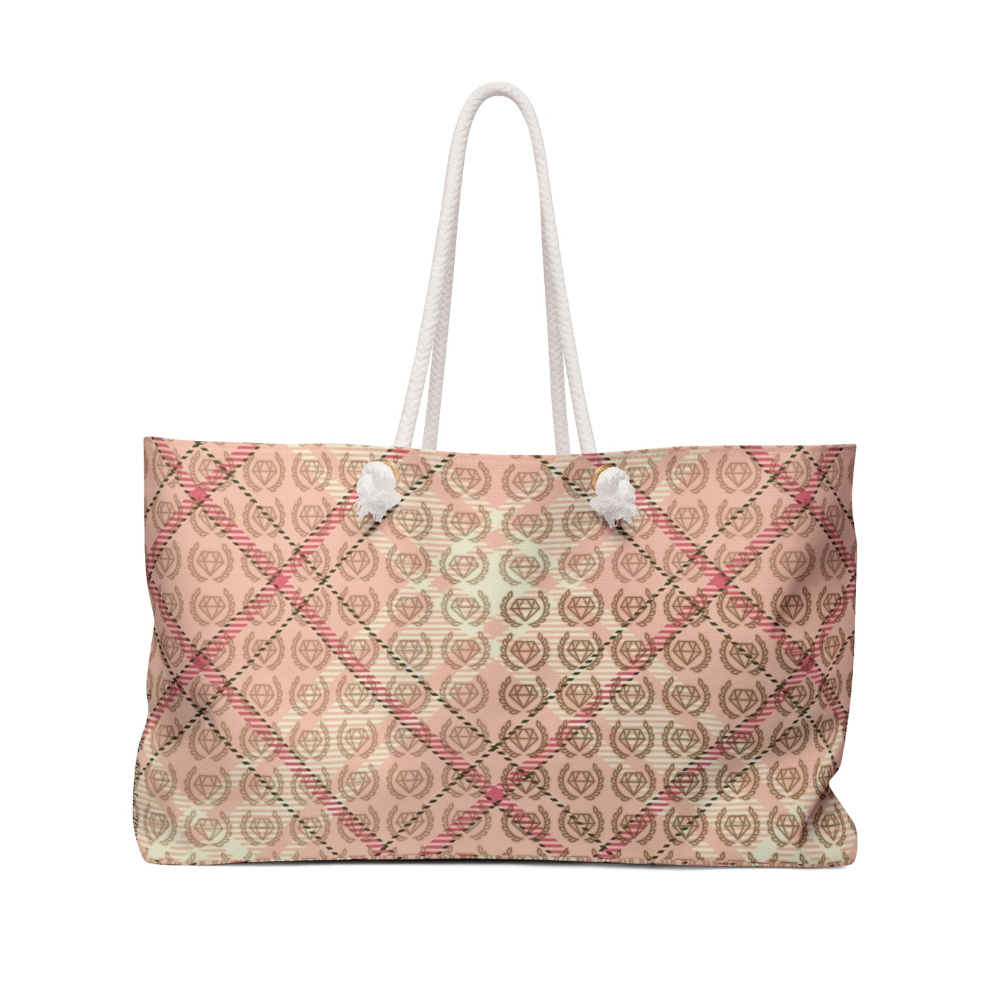 Elegant Blush Plaid Weekender Tote Bag • Oversized Beach & Travel Bag with Rope Handles • Custom Monogram Design