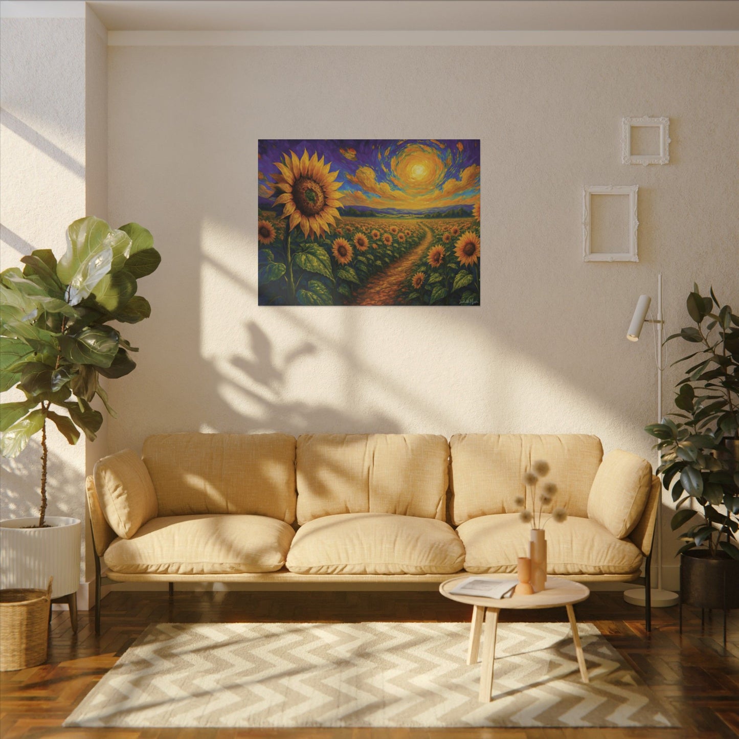 Sunflower Field Canvas Wall Art β Vibrant Golden Blooms, Van Gogh Inspired Sky, Horizontal Landscape Print