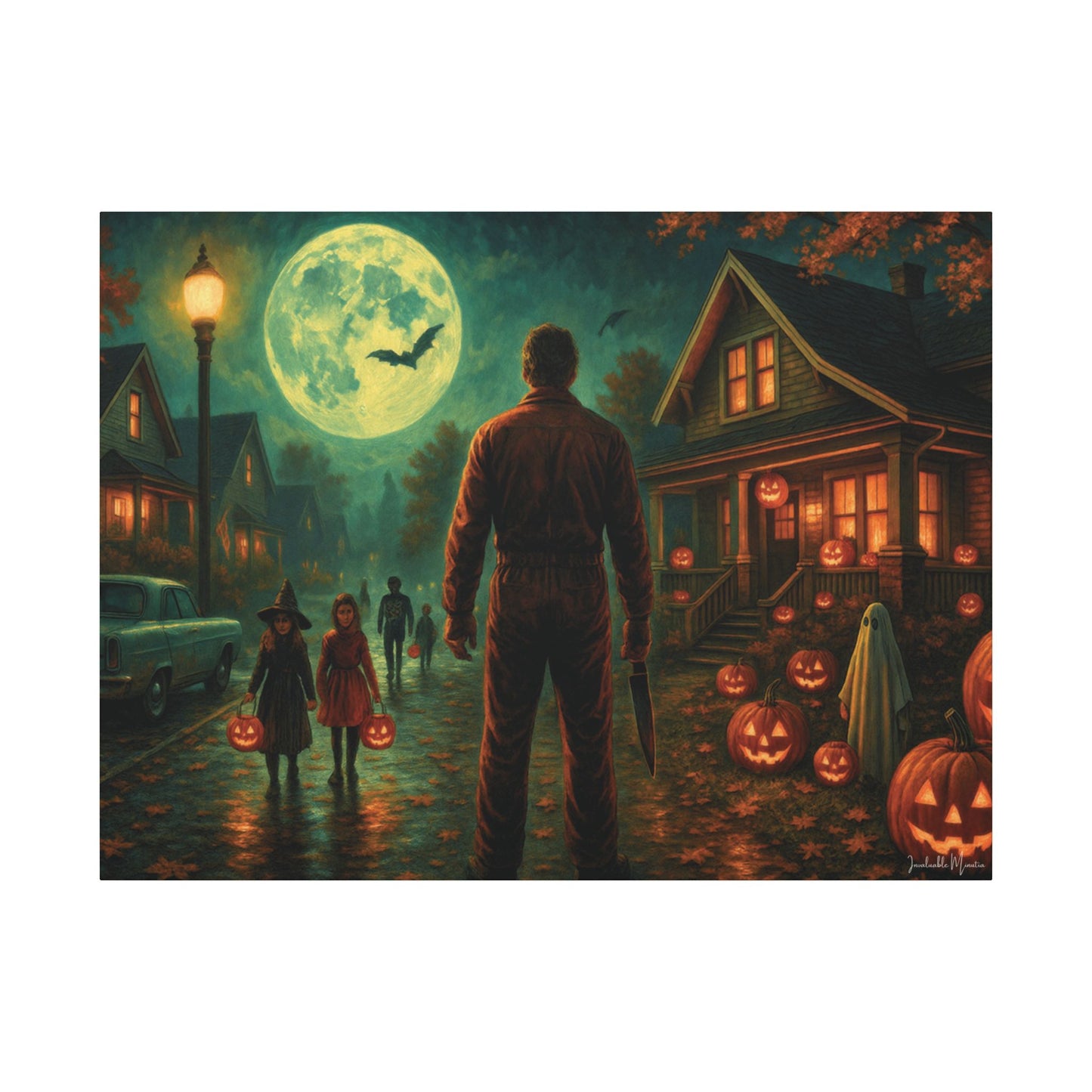 Halloween Neighborhood Scene Canvas Print β Retro Suburban Trick-or-Treat, Glowing Pumpkins & Full Moon Wall Art