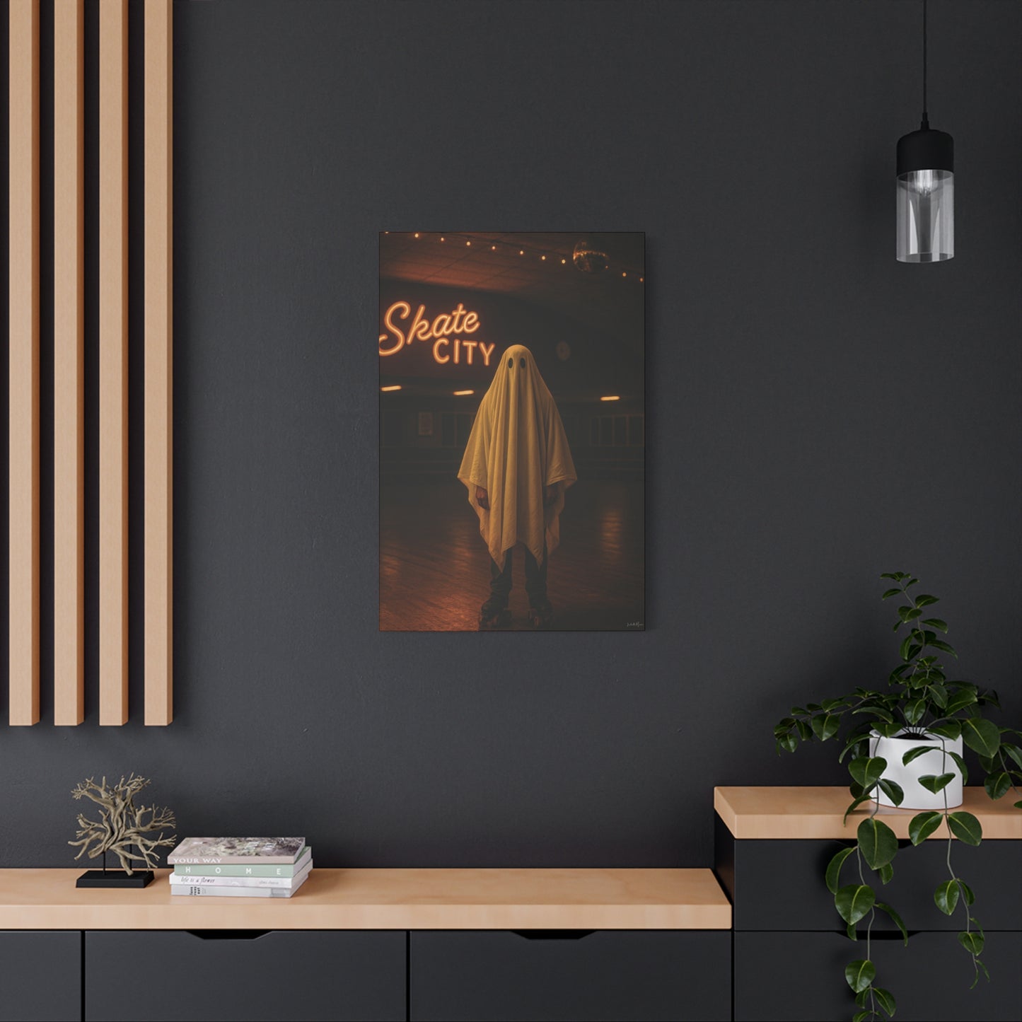Ghost at the Roller Rink Canvas Wall Art β Retro 80s Nostalgic Halloween Decor