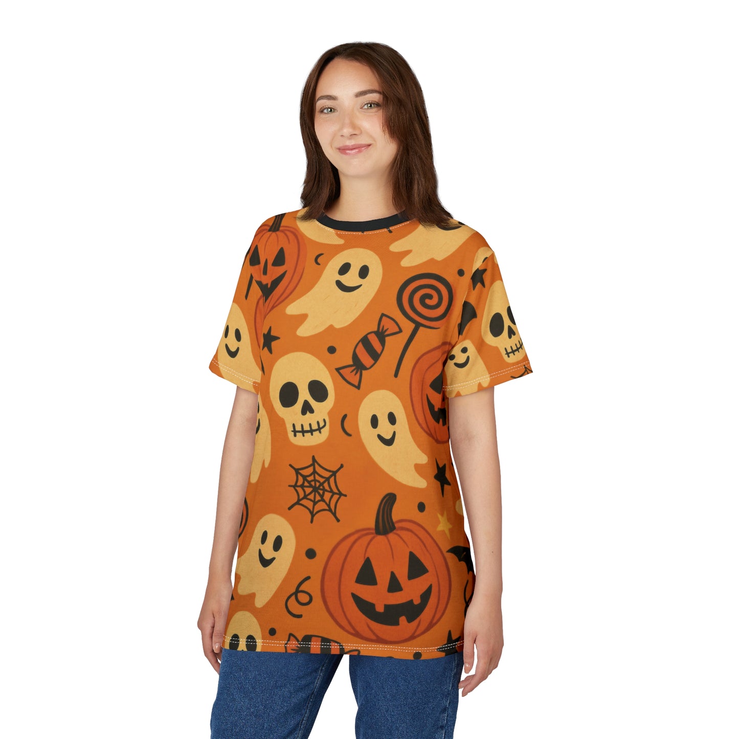 Trick or Treat All-Over Print Tee – Vintage Halloween Ghosts & Pumpkins