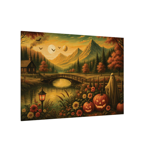 Canvastavla med spöke i trĂ€dgĂ„rden â höstlandskap med halloween
