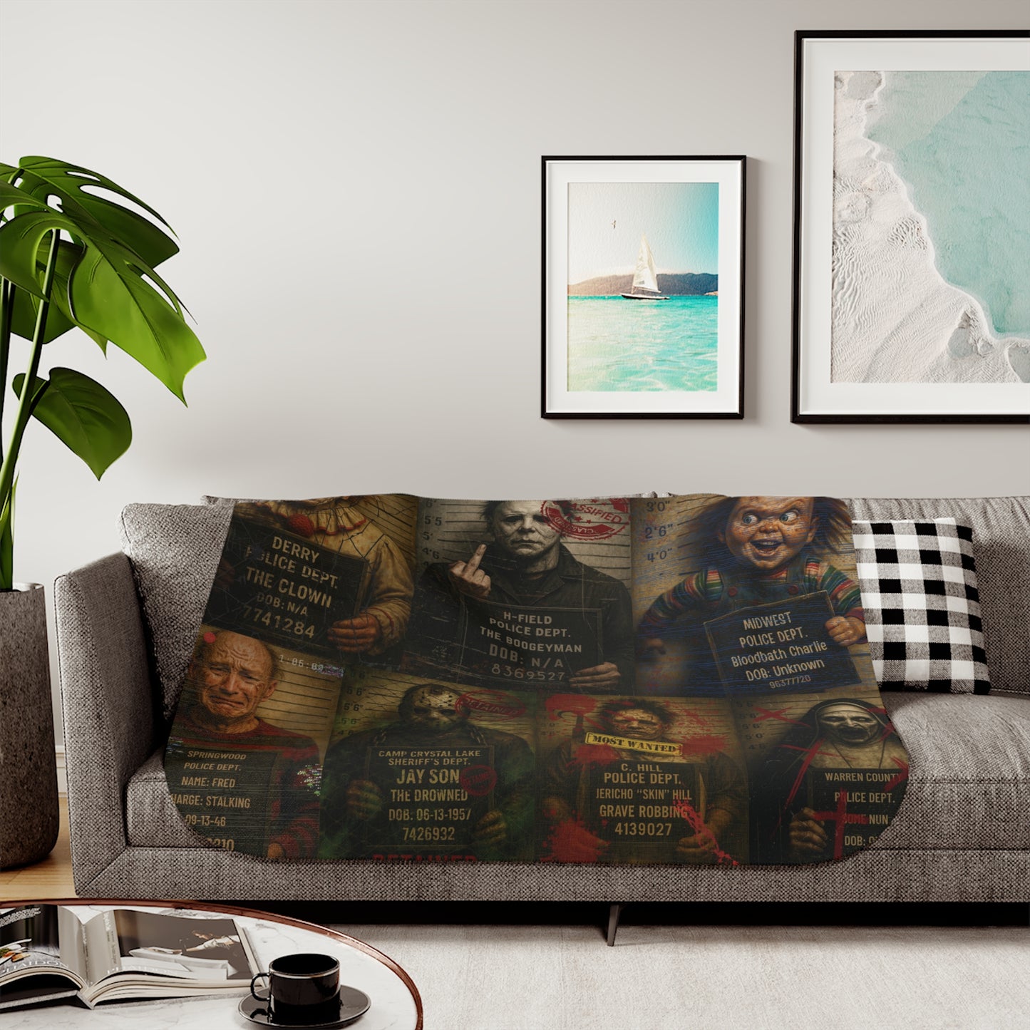 Horror Villains Mugshot Sherpa Fleece Blanket โ Premium Cozy Throw, 3 Sizes, Free Worldwide Shipping