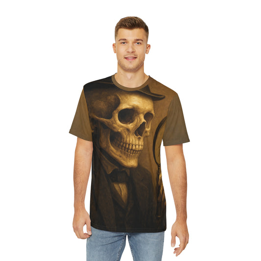 Skeleton Sleuth – Gothic AOP Unisex T-Shirt | Vintage Detective Skull Tee