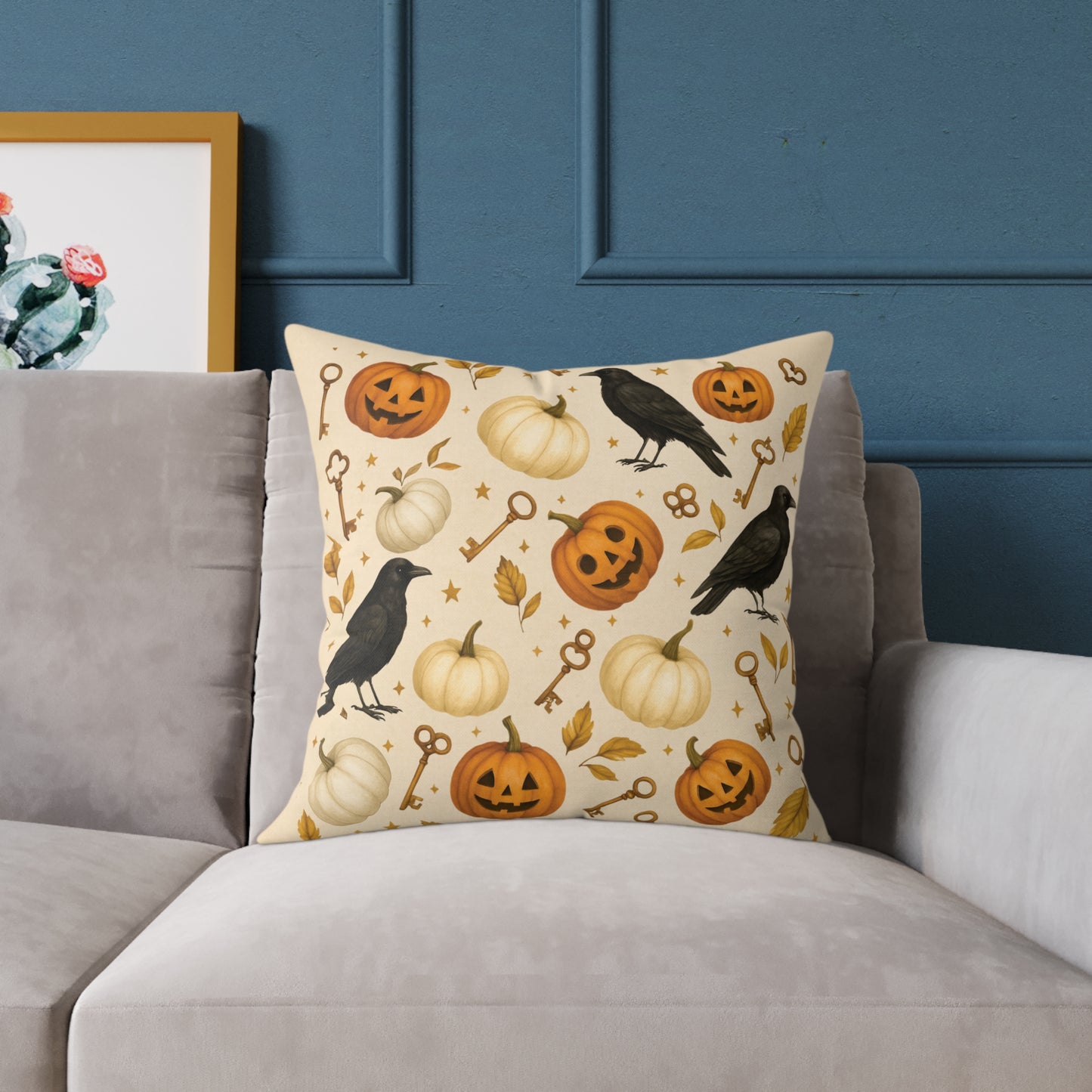Boutique Halloween Throw Pillow – Crow & Pumpkin Pattern (Reversible Dot Back, Colorway™ Poly Canvas)