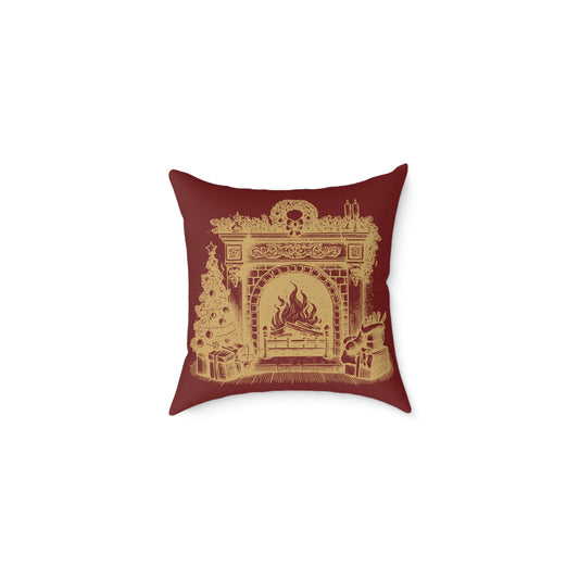 Vintage Fireplace Christmas Throw Pillow – Red & Gold Mantel with Candy Cane Pattern Back