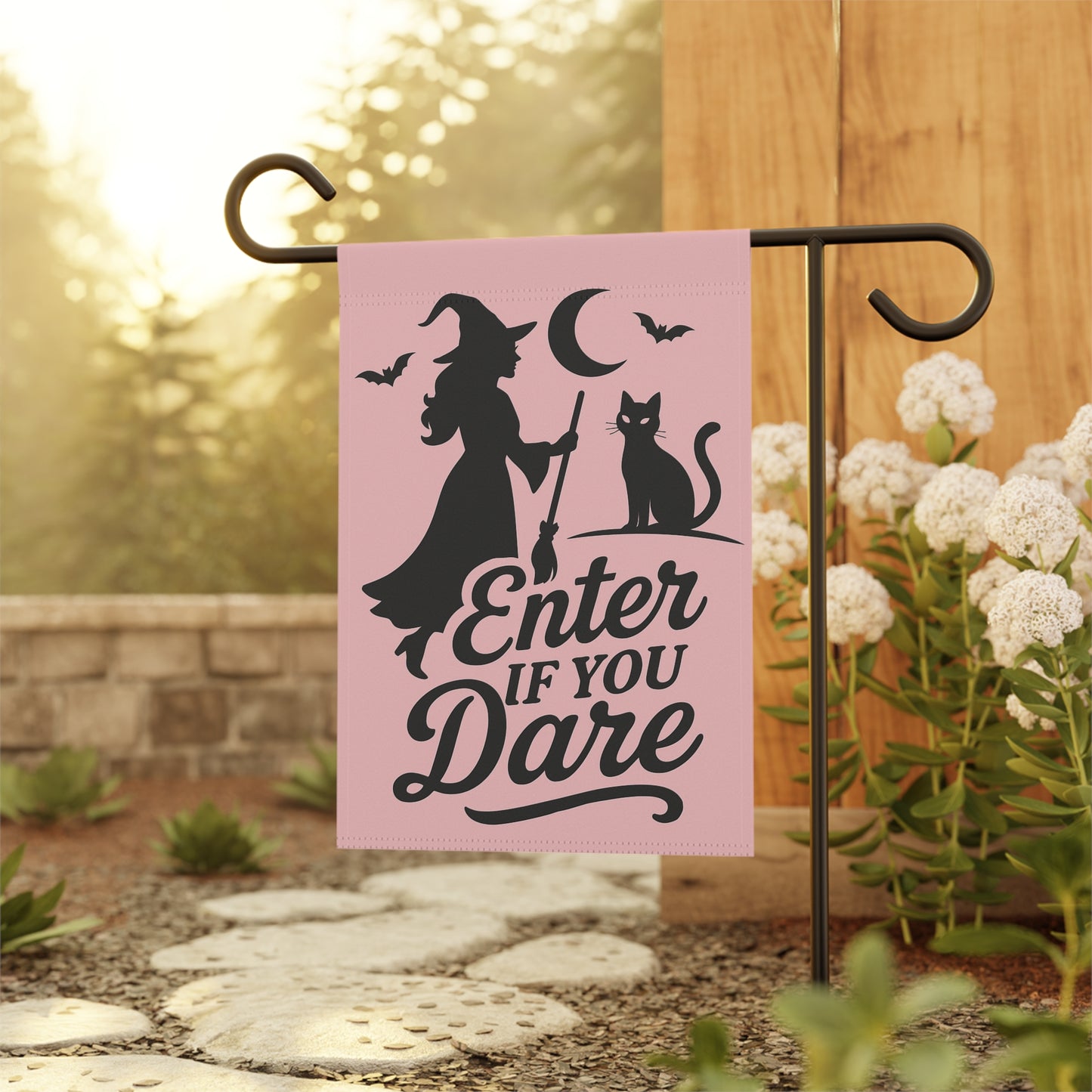 Pastel Gothic Witch Garden Flag – Pink Halloween Yard Flag, Black Cat Silhouette, Retro “Enter If You Dare”