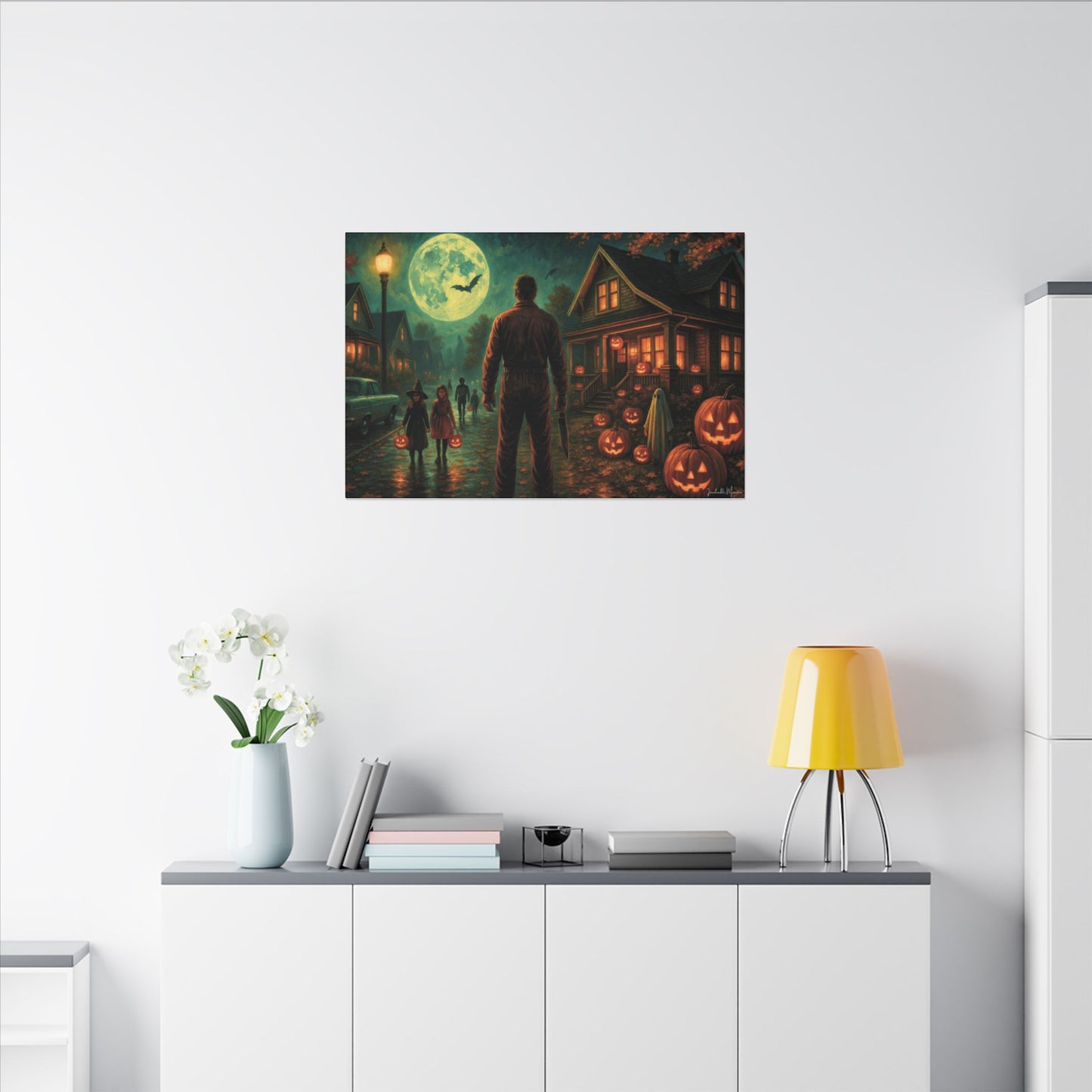 Halloween Neighborhood Scene Canvas Print β Retro Suburban Trick-or-Treat, Glowing Pumpkins & Full Moon Wall Art