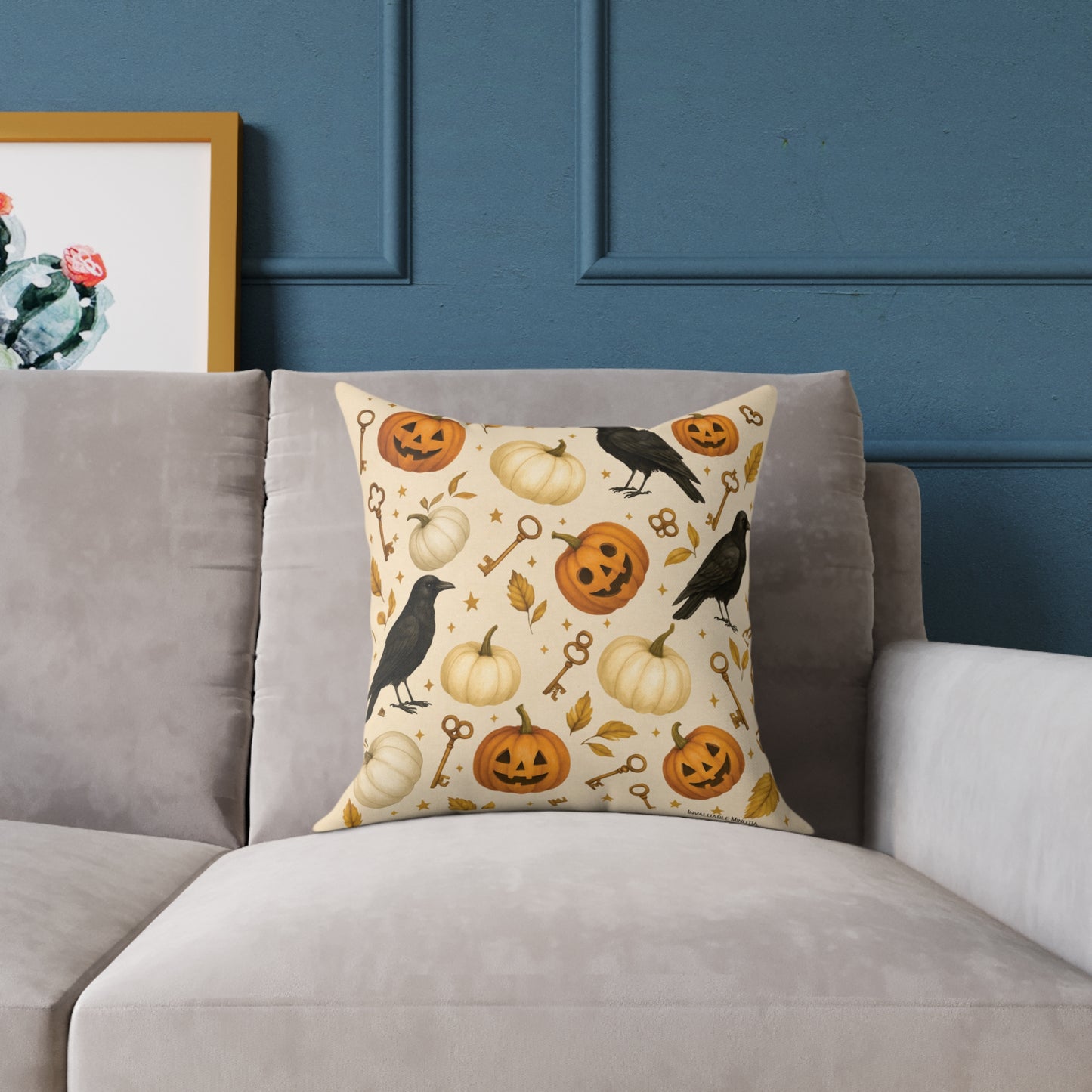 Boutique Halloween Throw Pillow – Crow & Pumpkin Pattern (Reversible Dot Back, Colorway™ Poly Canvas)