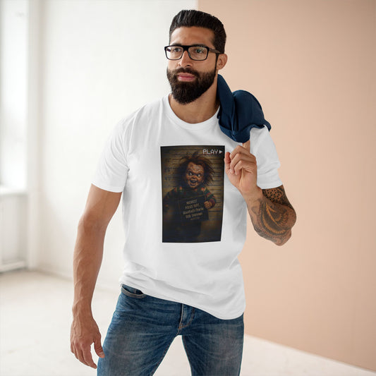 Creepy Killer Doll Mugshot T-Shirt – Halloween Horror Tee, Boutique DTG Print, Premium Cotton Tee, 90s VHS Aesthetic