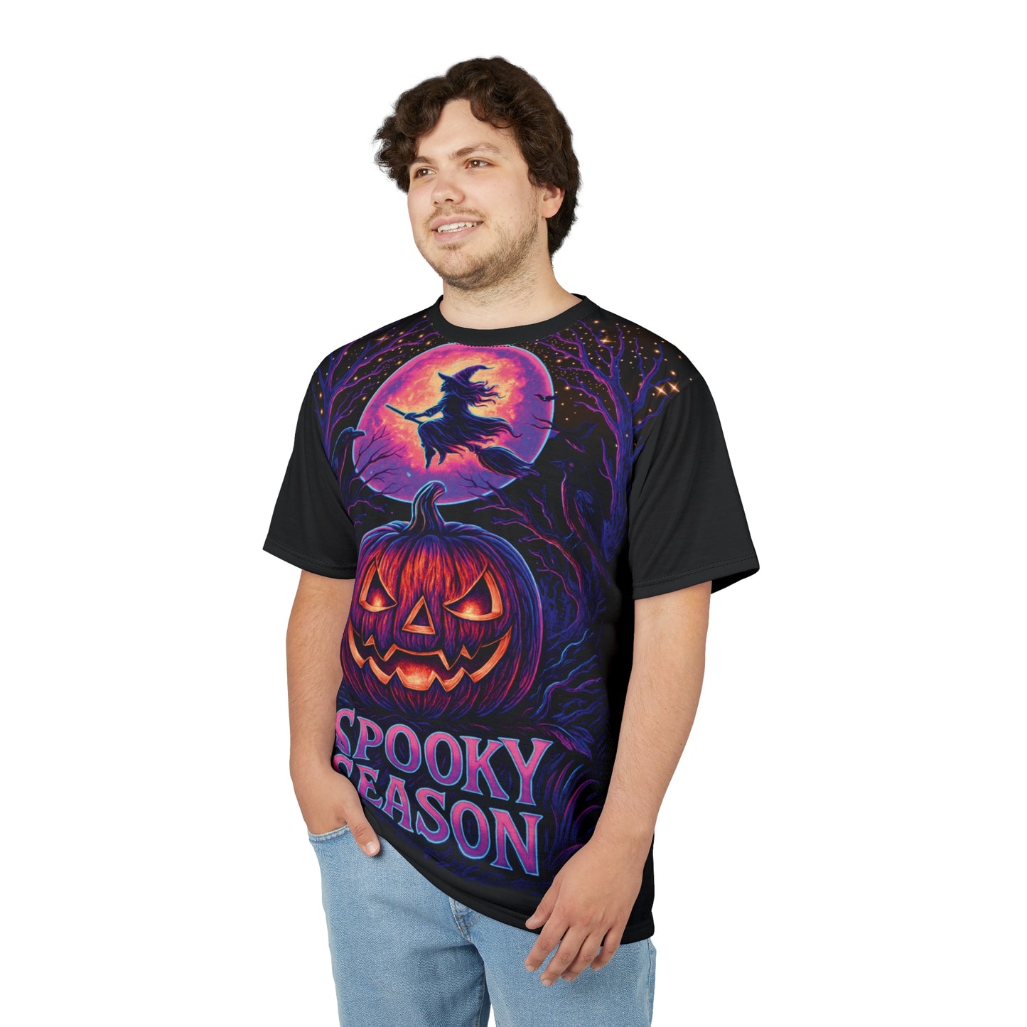 Neon Halloween AOP T-Shirt – Spooky Season Jack-o’-Lantern & Witch Design (All-Over Print)
