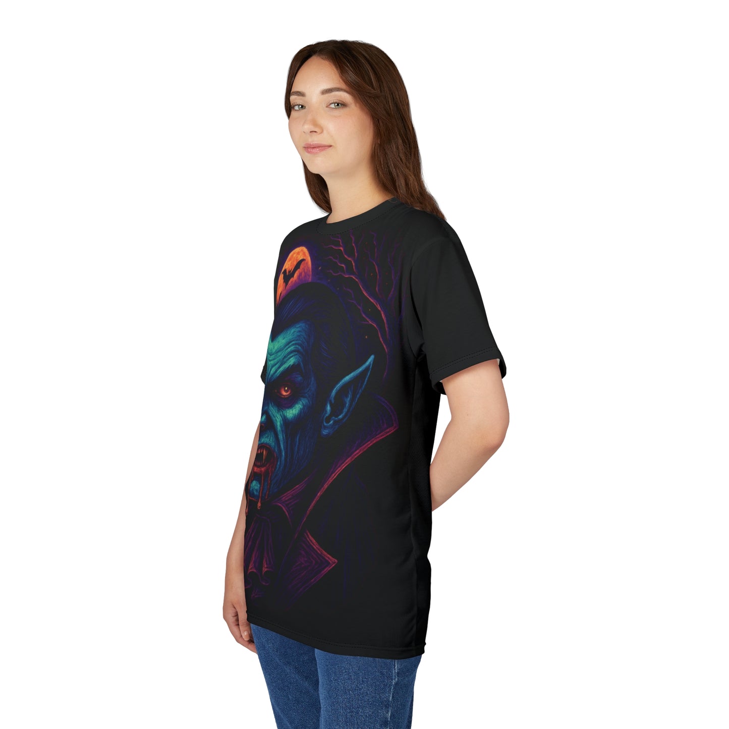 Vampire AOP Halloween T-Shirt β Neon Bloodthirsty Count Extra Large Print Tee (All-Over Print)