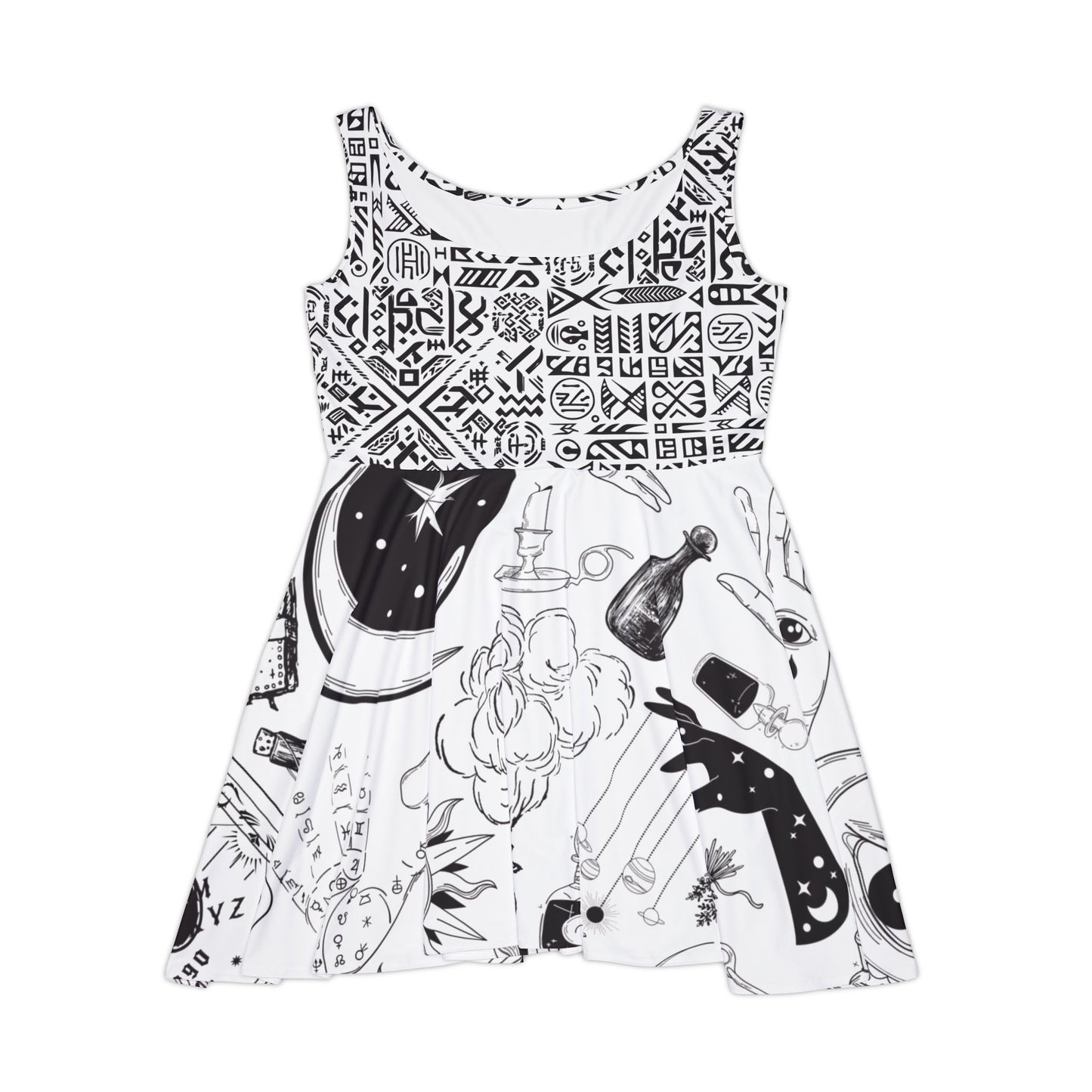 Witchy Vibes Skater Dress – Occultcore Black & White Magic Print Summer Dress