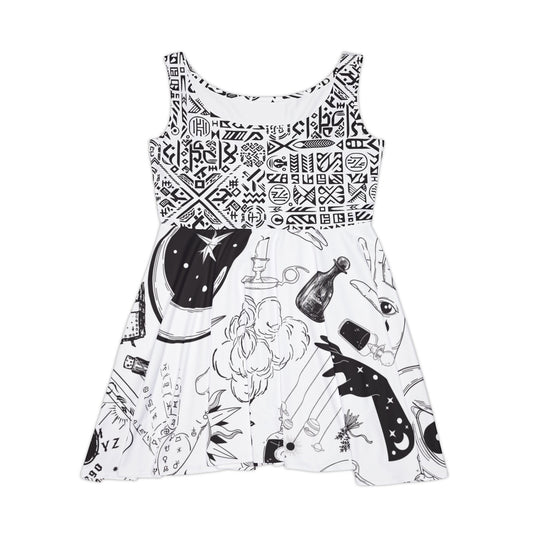 Vestido skater con aires de bruja: vestido veraniego con estampado mágico en blanco y negro de Occultcore