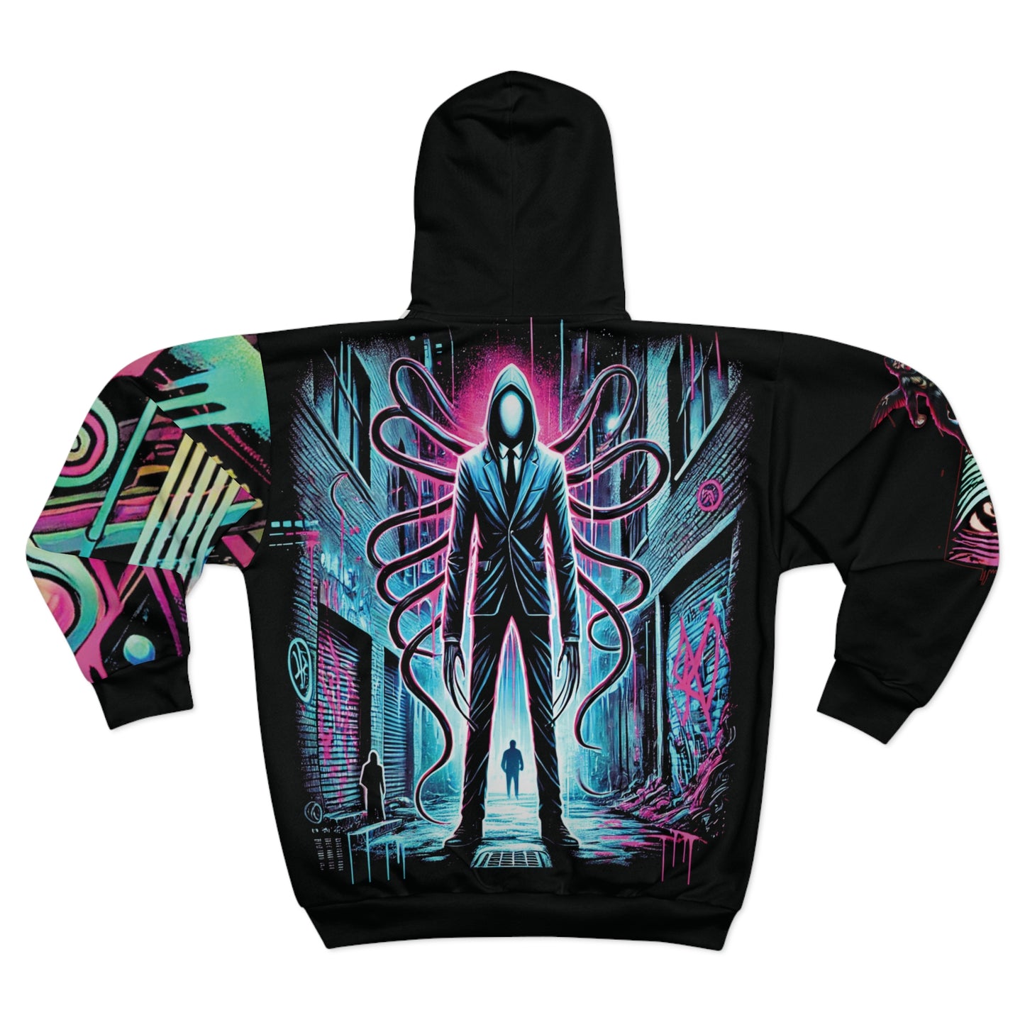Unisex Zip Hoodie (AOP) Black - Cryptid Conspiracy Graffiti Design