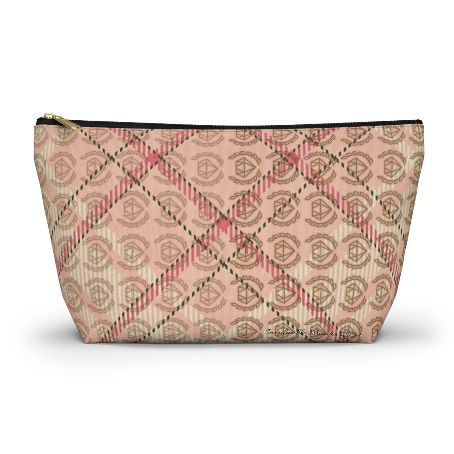 Elegant Plaid T-Bottom Accessory Pouch • Soft Pink Travel Bag with Boutique Monogram • Small or Large Sizes